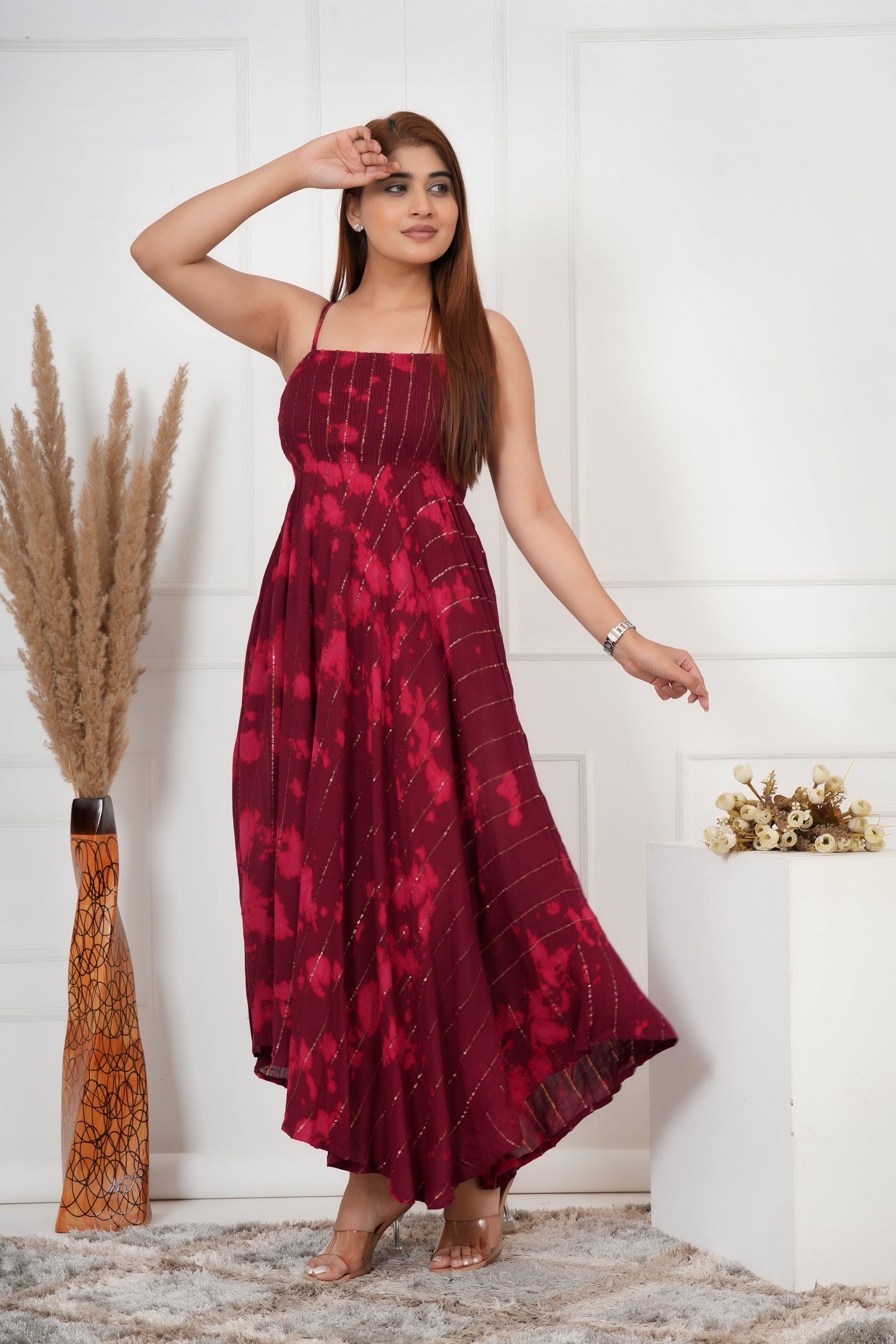 IQRAAR Women Lurex Rayon Fit & Flared Western Wear WINE TIE-DIE Dress