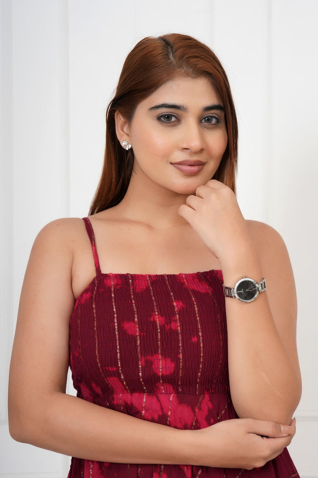 IQRAAR Women Lurex Rayon Fit & Flared Western Wear WINE TIE-DIE Dress