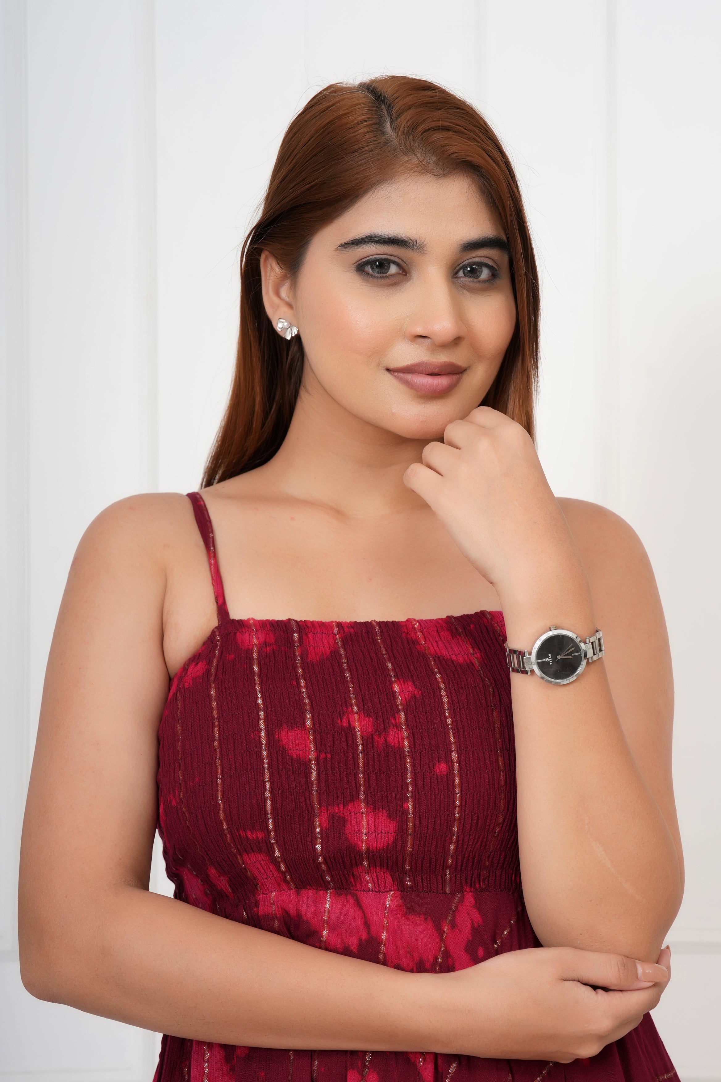 IQRAAR Women Lurex Rayon Fit & Flared Western Wear WINE TIE-DIE Dress
