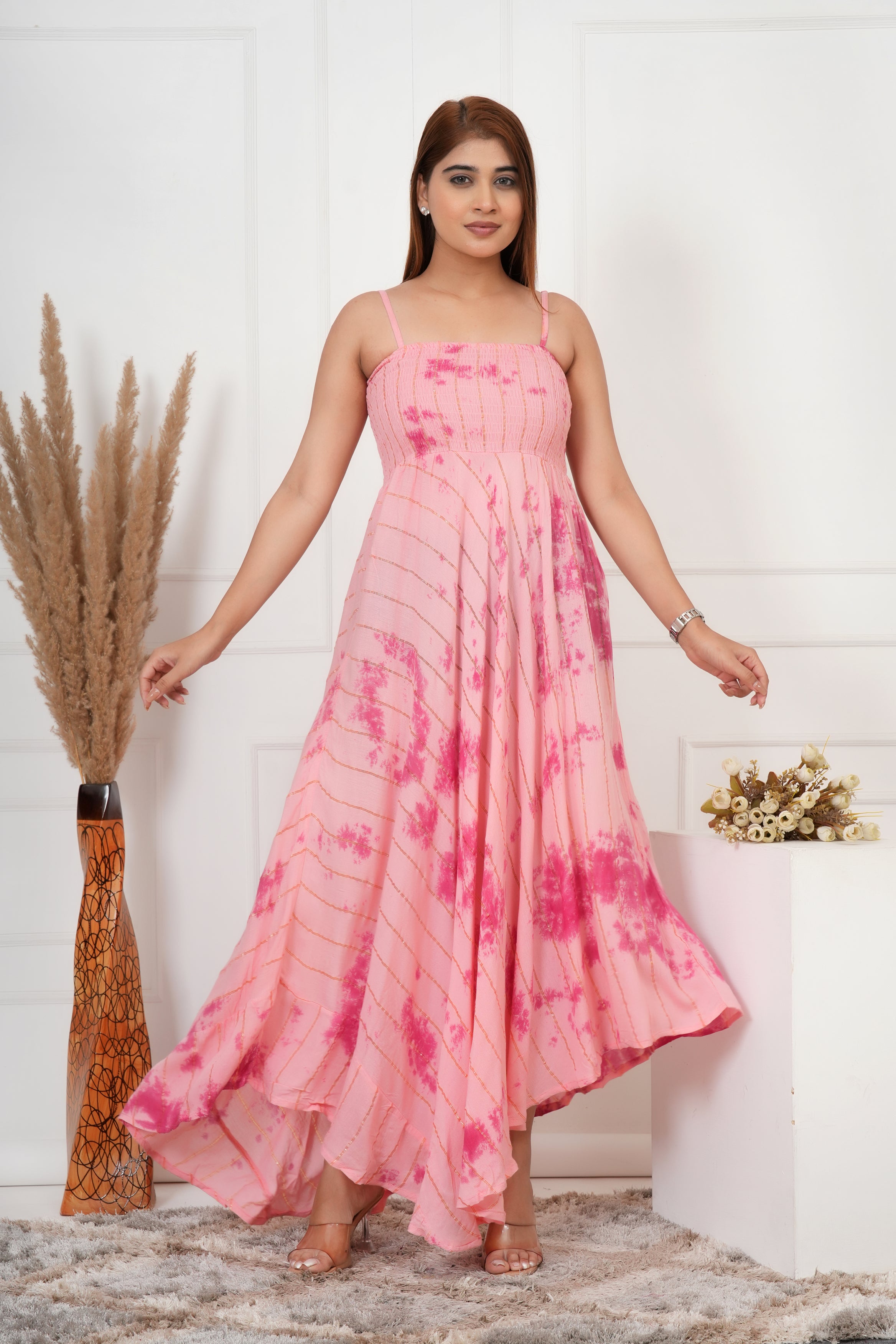 IQRAAR Women Lurex Rayon Fit & Flared Western Wear BABYPINK TIE-DIE Dress