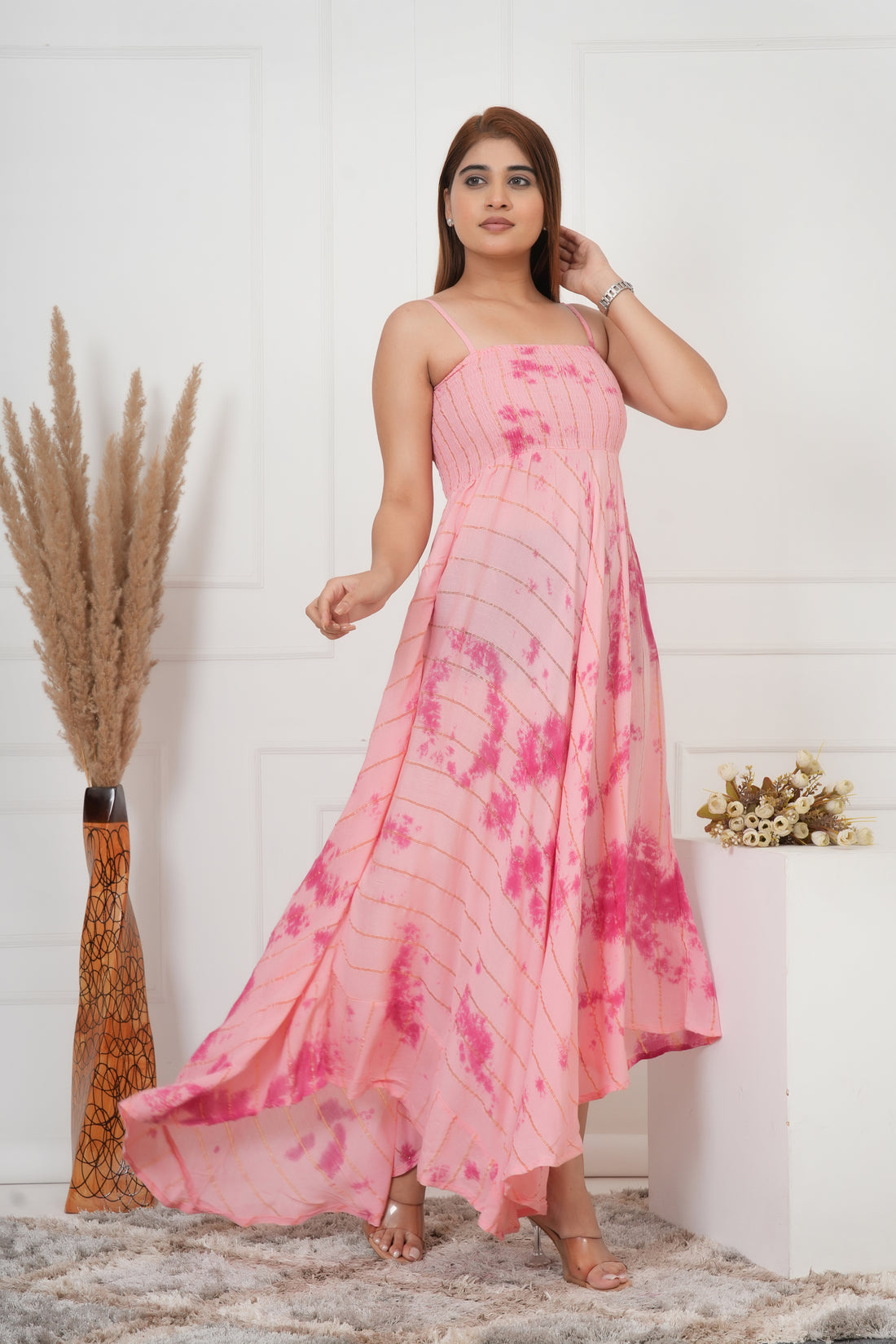 IQRAAR Women Lurex Rayon Fit & Flared Western Wear BABYPINK TIE-DIE Dress