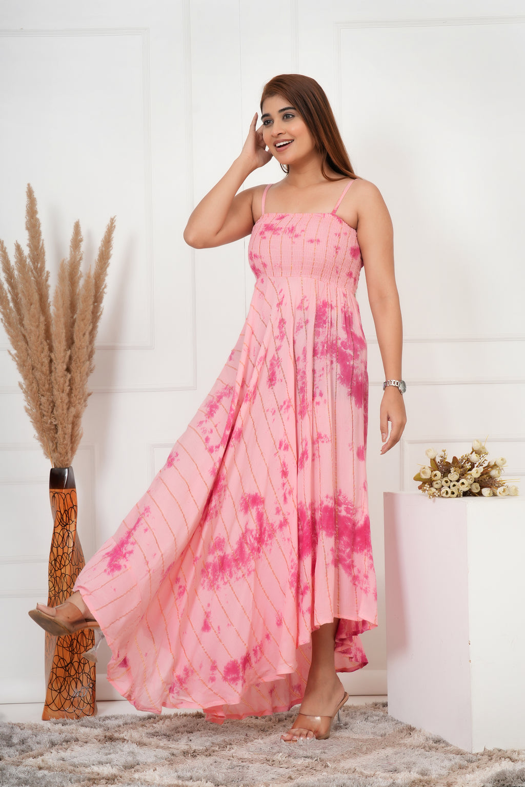 IQRAAR Women Lurex Rayon Fit & Flared Western Wear BABYPINK TIE-DIE Dress