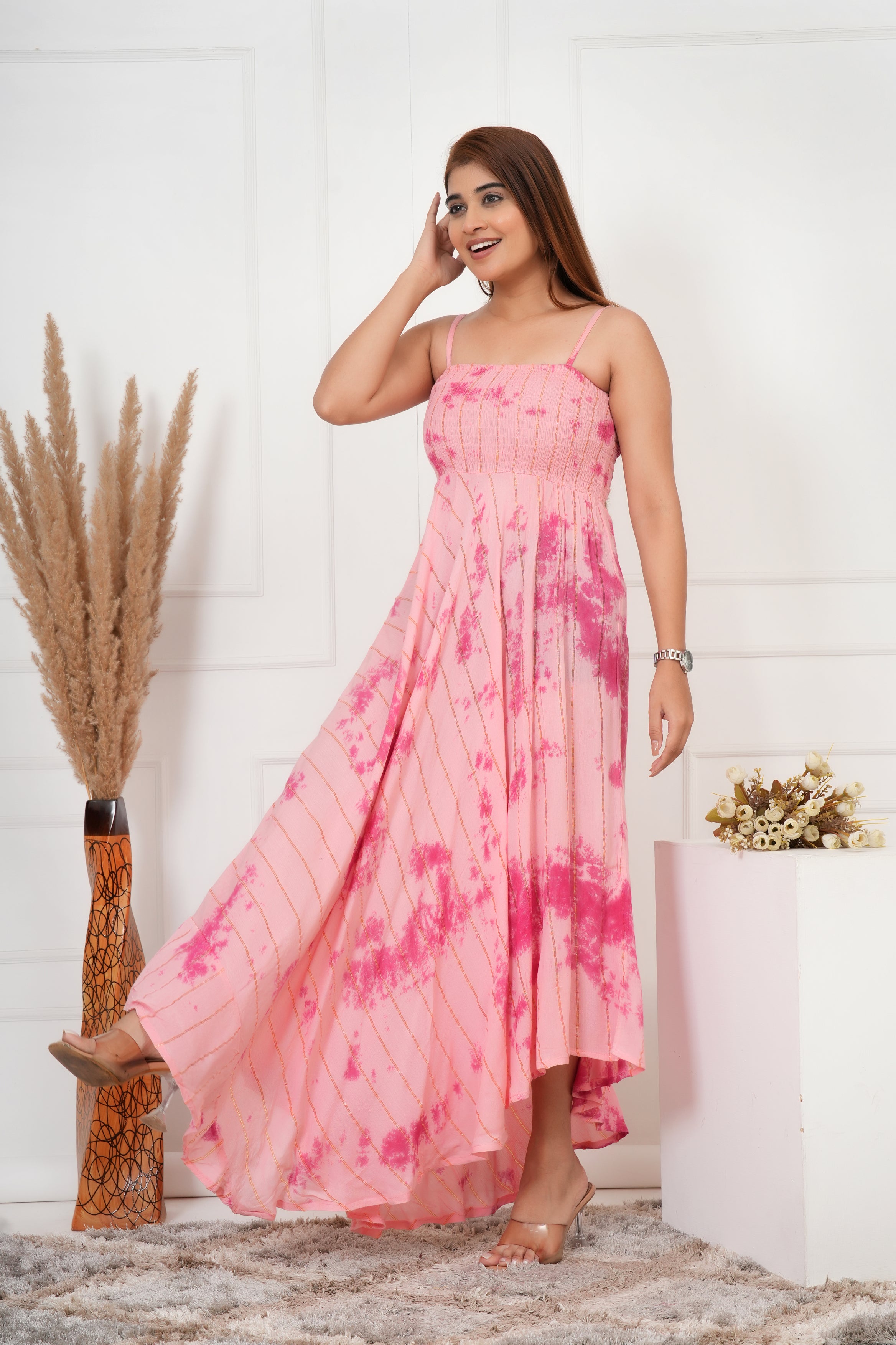 IQRAAR Women Lurex Rayon Fit & Flared Western Wear BABYPINK TIE-DIE Dress