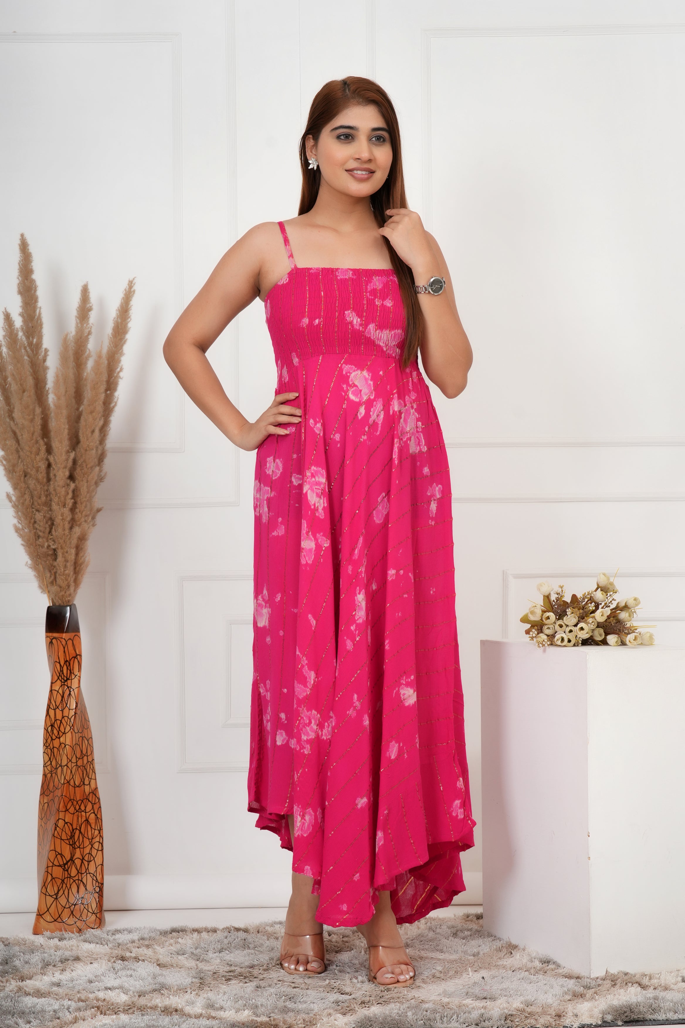 IQRAAR Women Lurex Rayon Fit & Flared Western Wear PINK TIE-DIE Dress