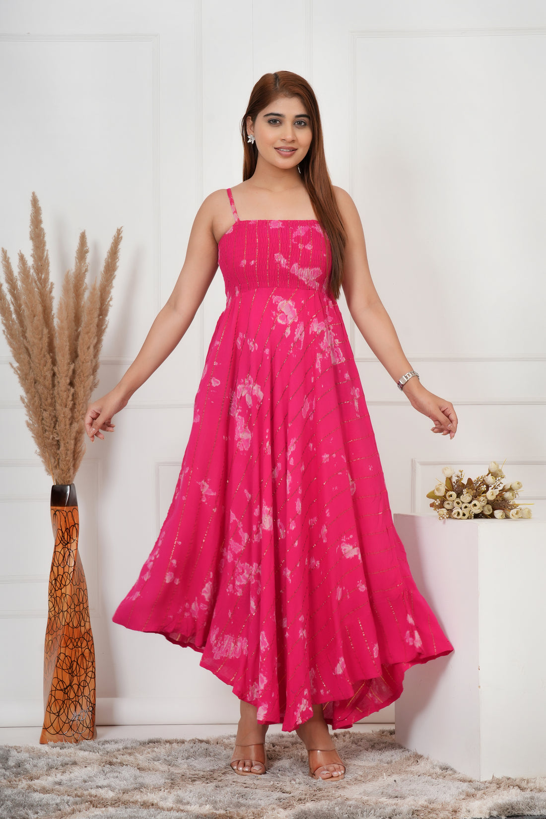 IQRAAR Women Lurex Rayon Fit & Flared Western Wear PINK TIE-DIE Dress
