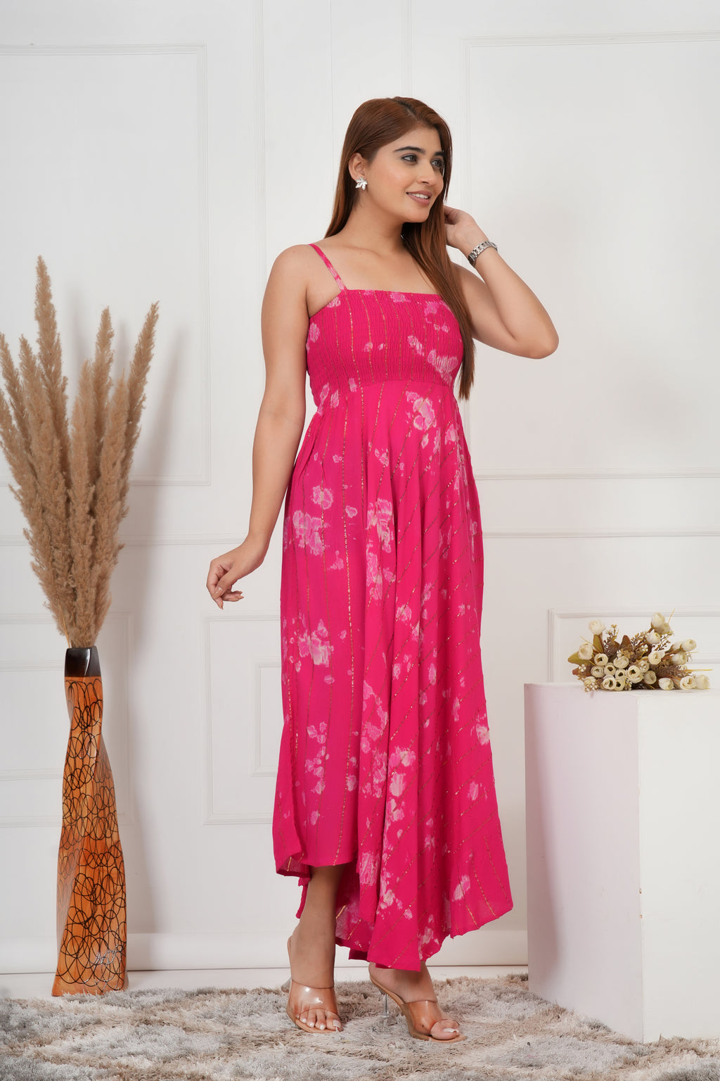 IQRAAR Women Lurex Rayon Fit & Flared Western Wear PINK TIE-DIE Dress