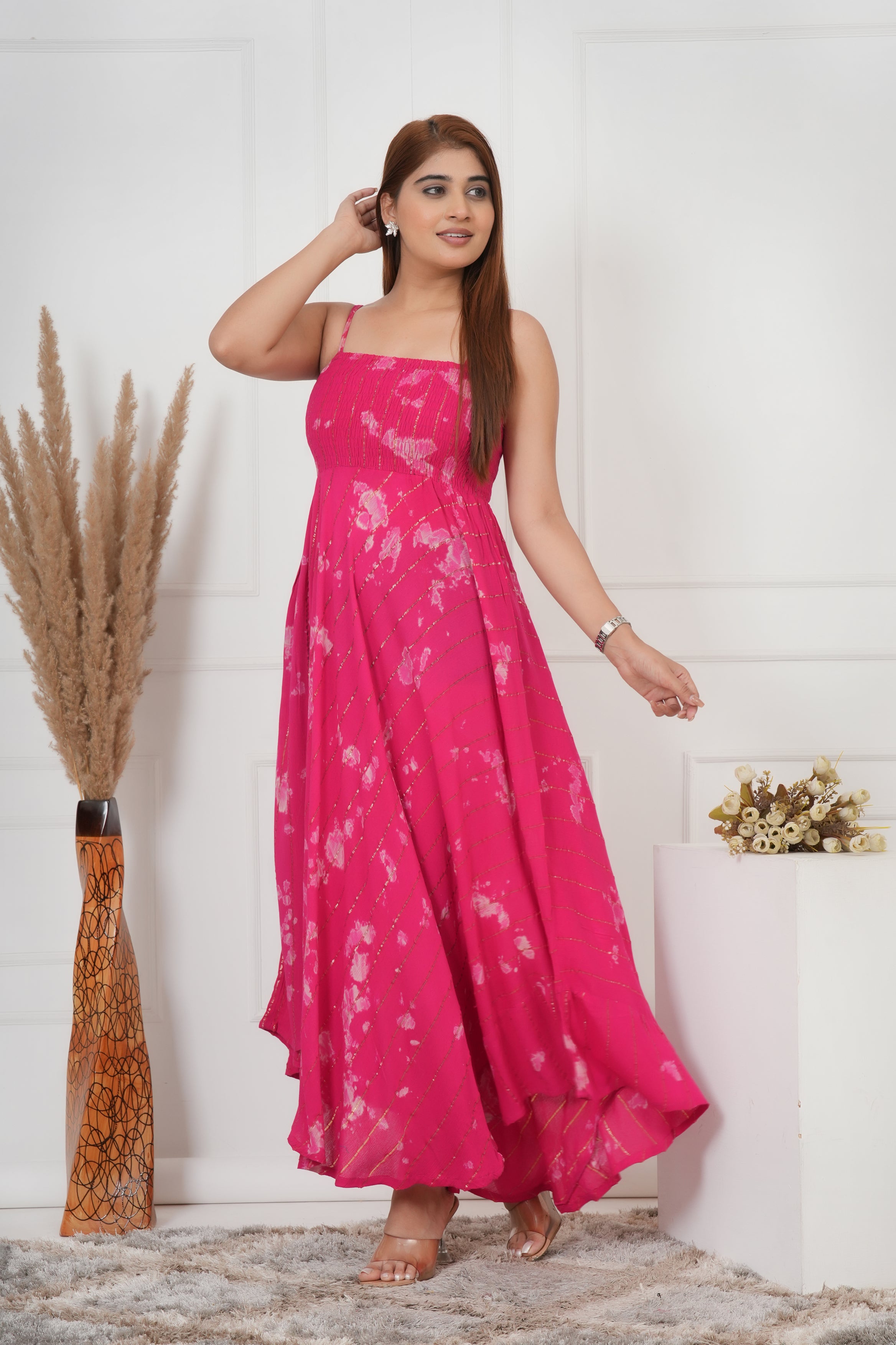 IQRAAR Women Lurex Rayon Fit & Flared Western Wear PINK TIE-DIE Dress