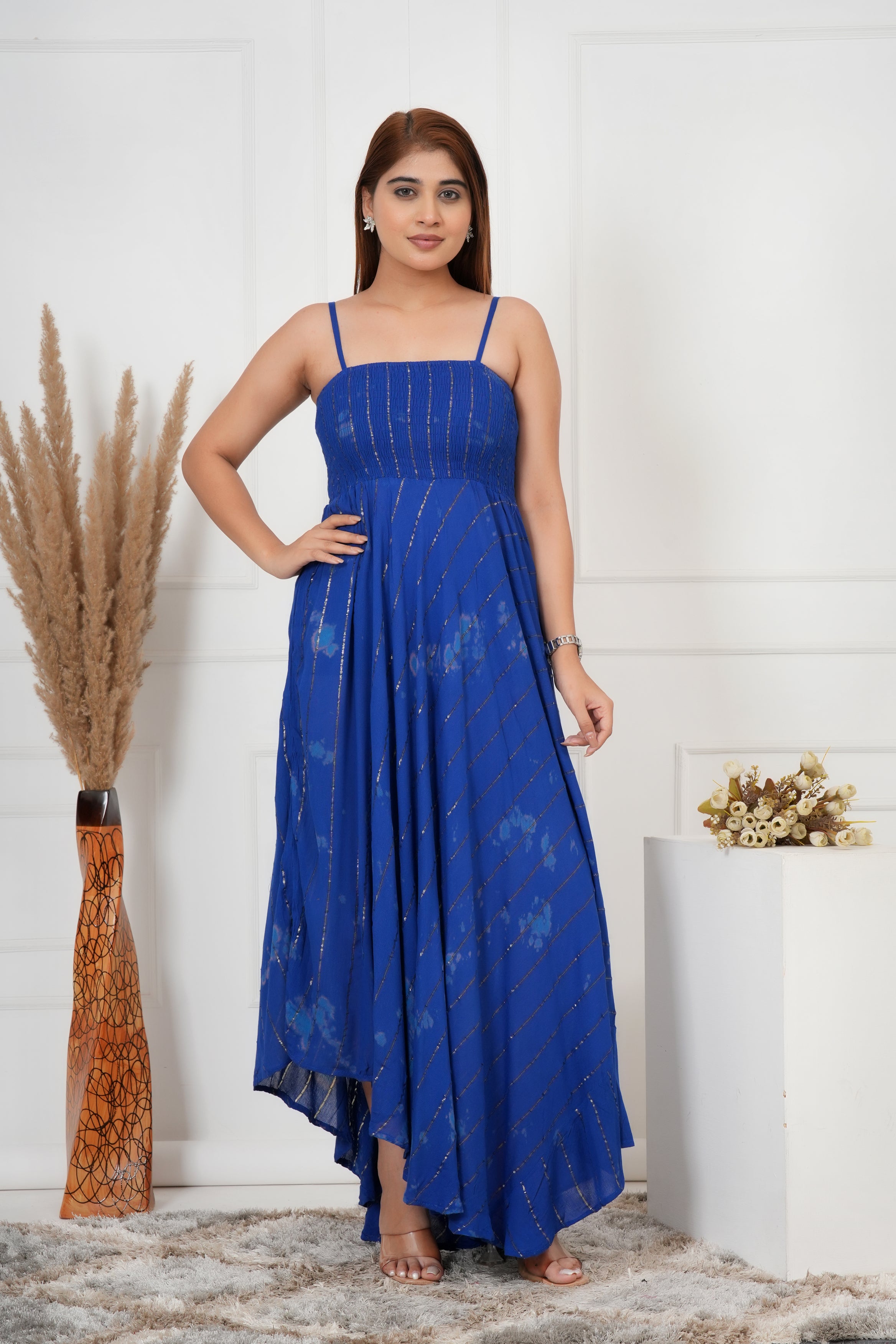 IQRAAR Women Lurex Rayon Fit & Flared Western Wear ROYAL-BLUE TIE-DIE Dress