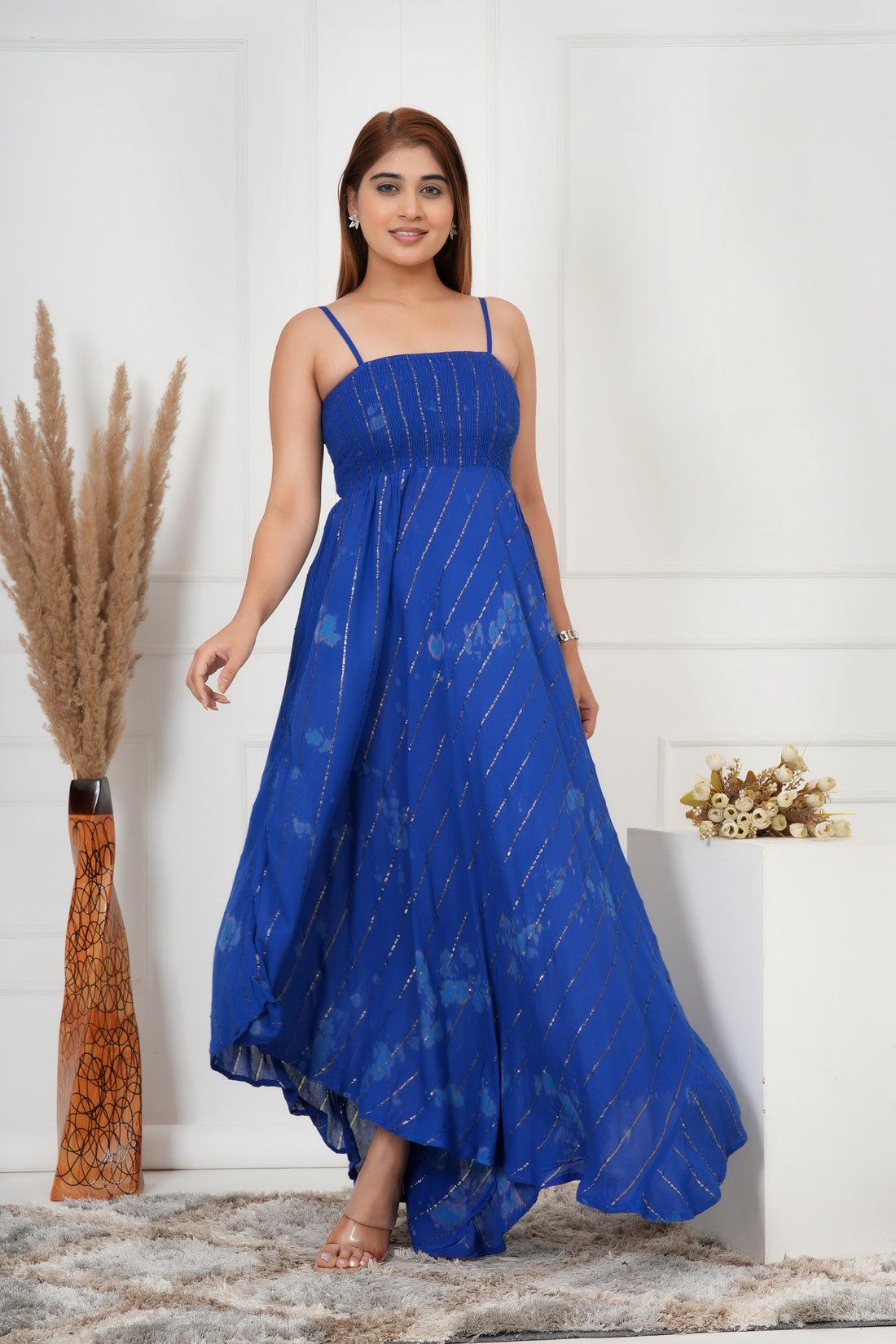 IQRAAR Women Lurex Rayon Fit & Flared Western Wear ROYAL-BLUE TIE-DIE Dress