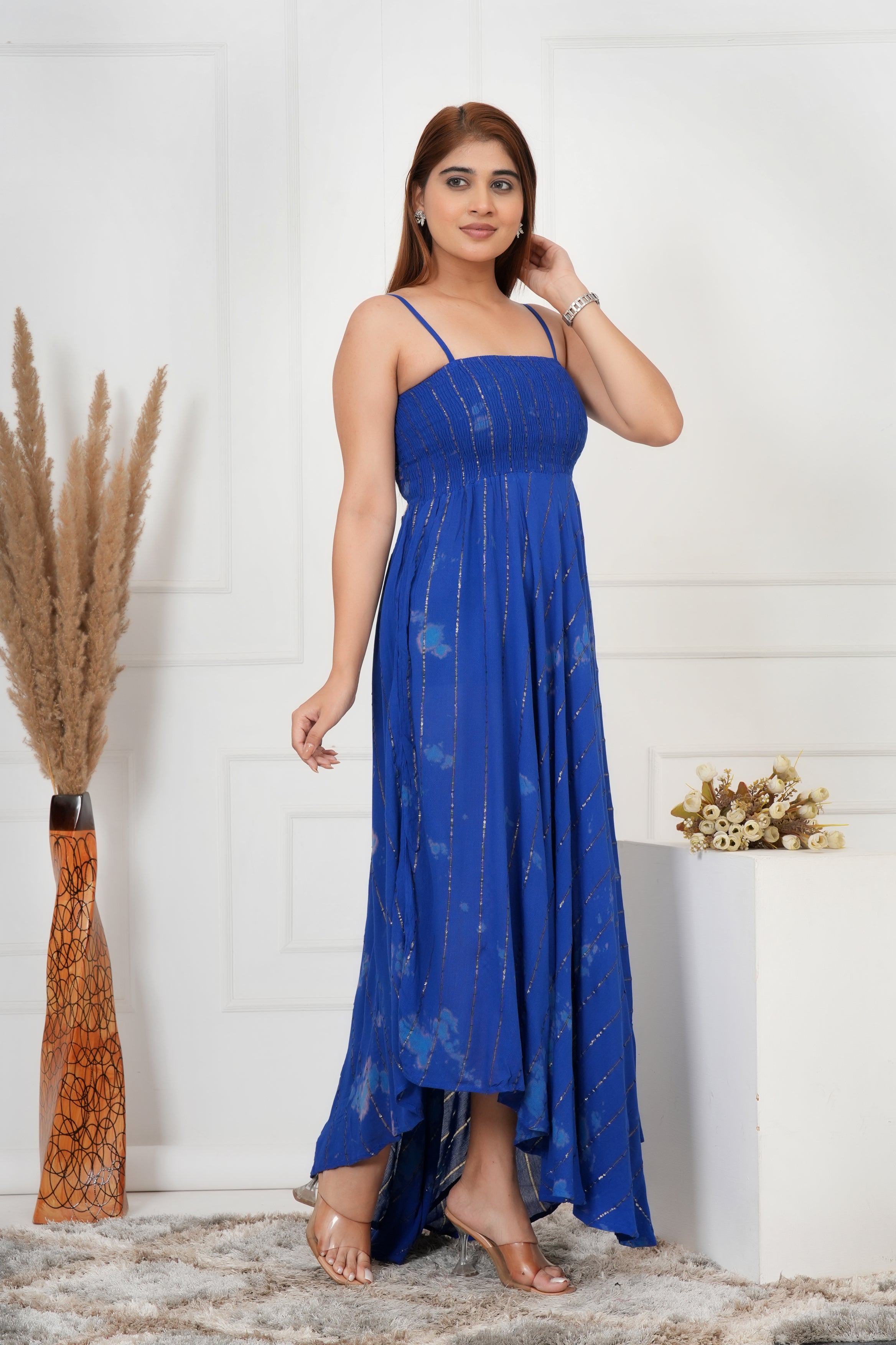 IQRAAR Women Lurex Rayon Fit & Flared Western Wear ROYAL-BLUE TIE-DIE Dress
