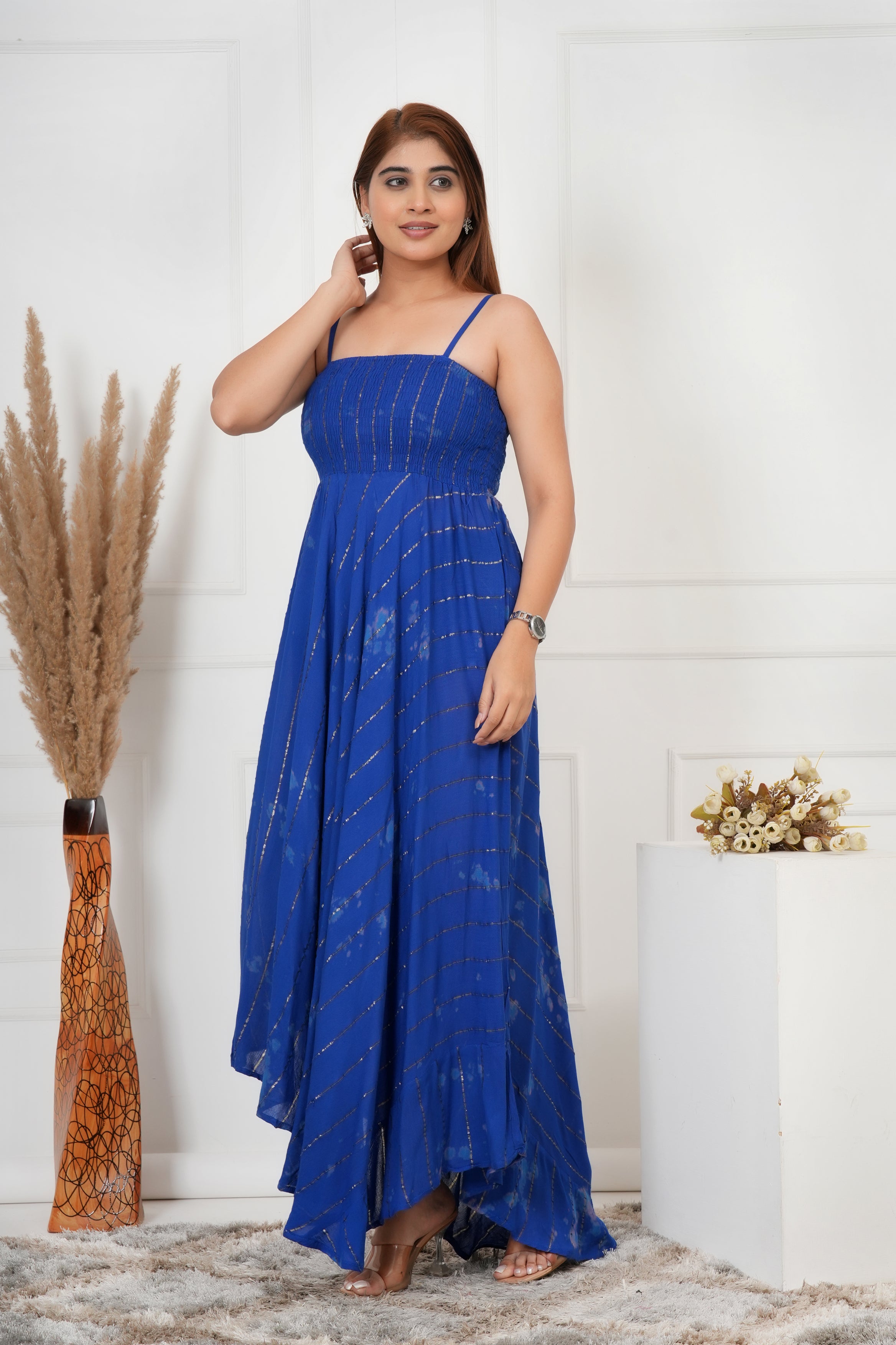 IQRAAR Women Lurex Rayon Fit & Flared Western Wear ROYAL-BLUE TIE-DIE Dress