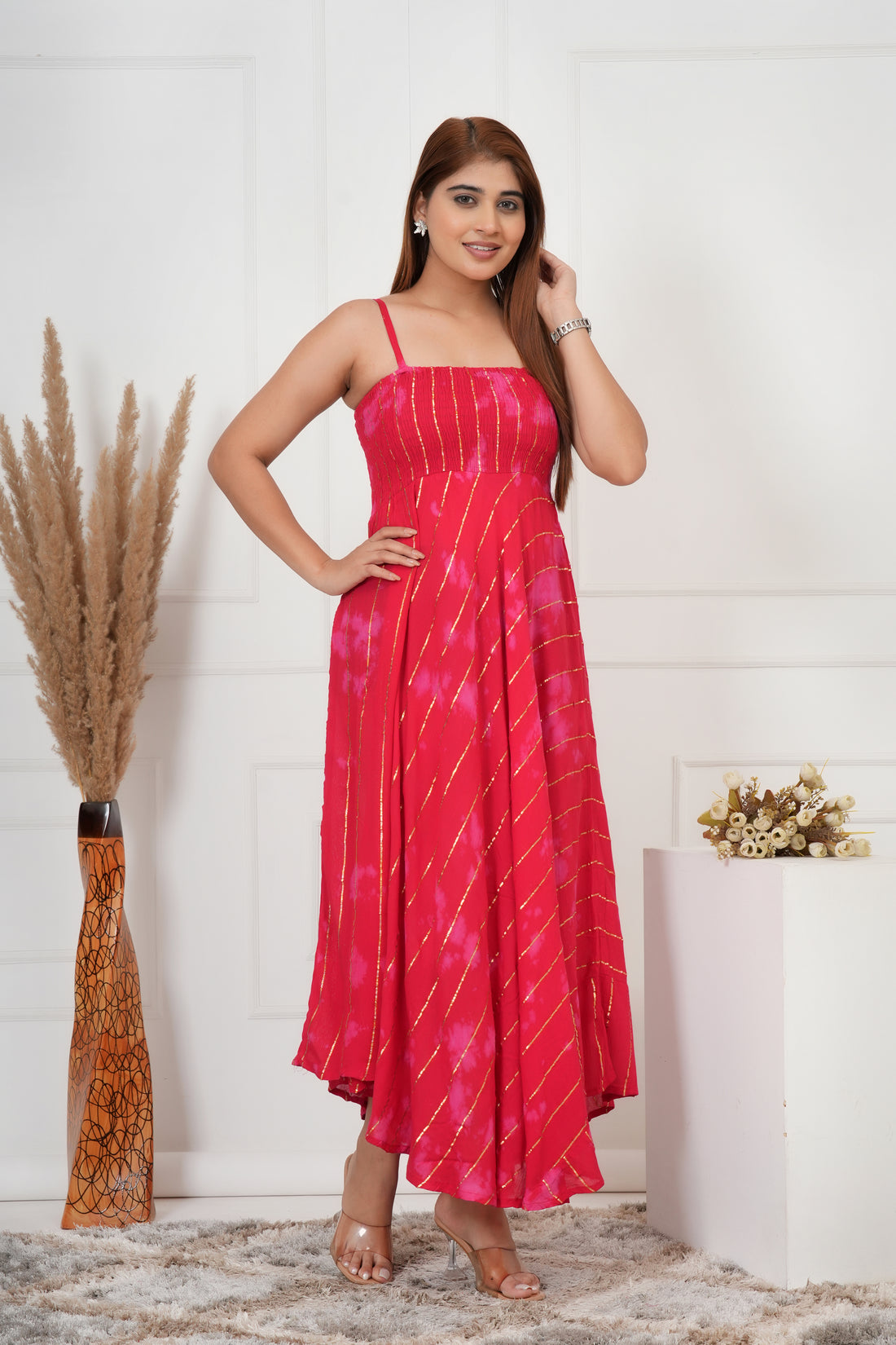 IQRAAR Women Lurex Rayon Fit & Flared Western Wear RED TIE-DIE Dress