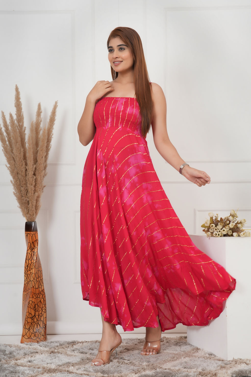 IQRAAR Women Lurex Rayon Fit & Flared Western Wear RED TIE-DIE Dress