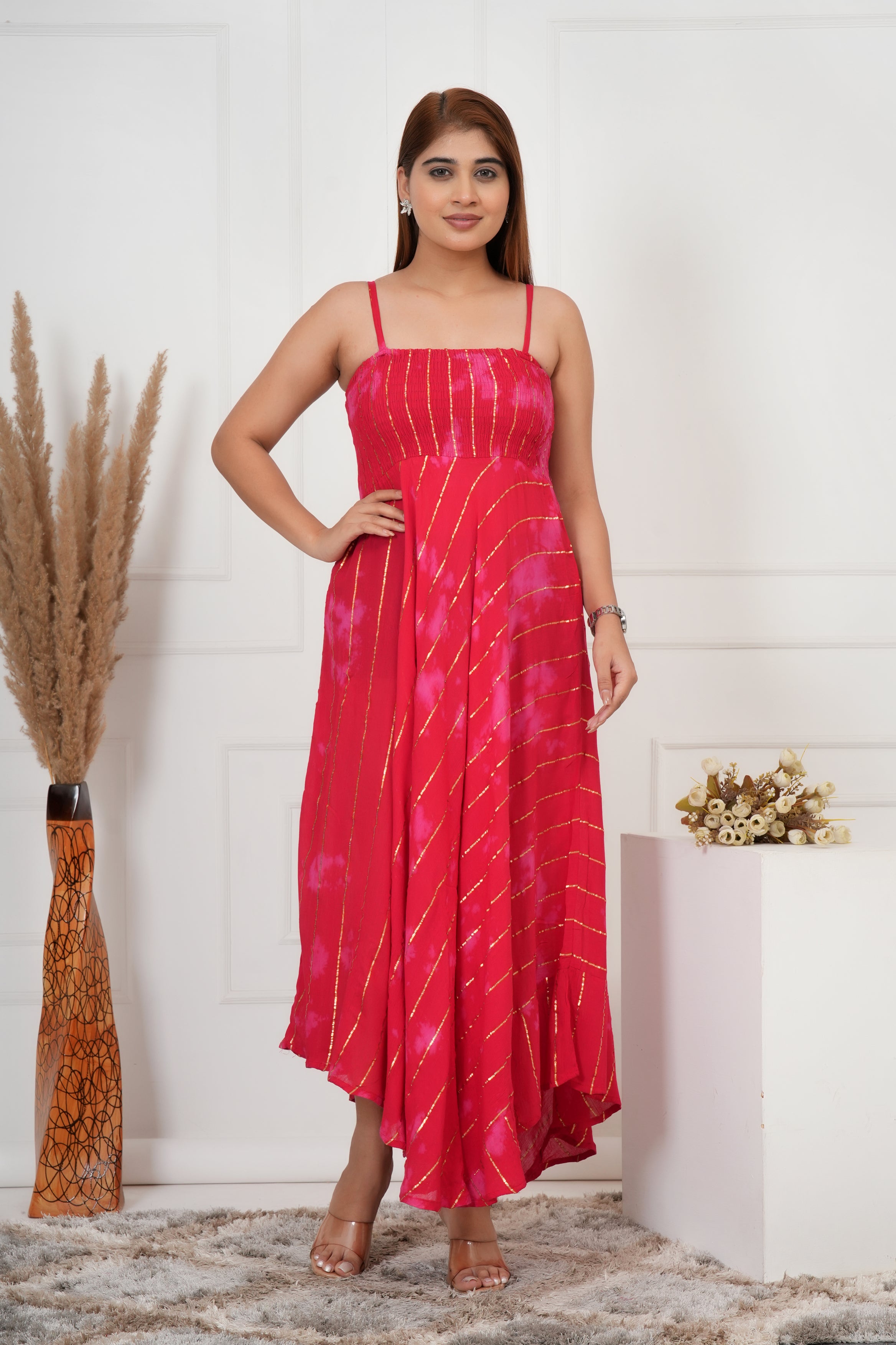 IQRAAR Women Lurex Rayon Fit & Flared Western Wear RED TIE-DIE Dress