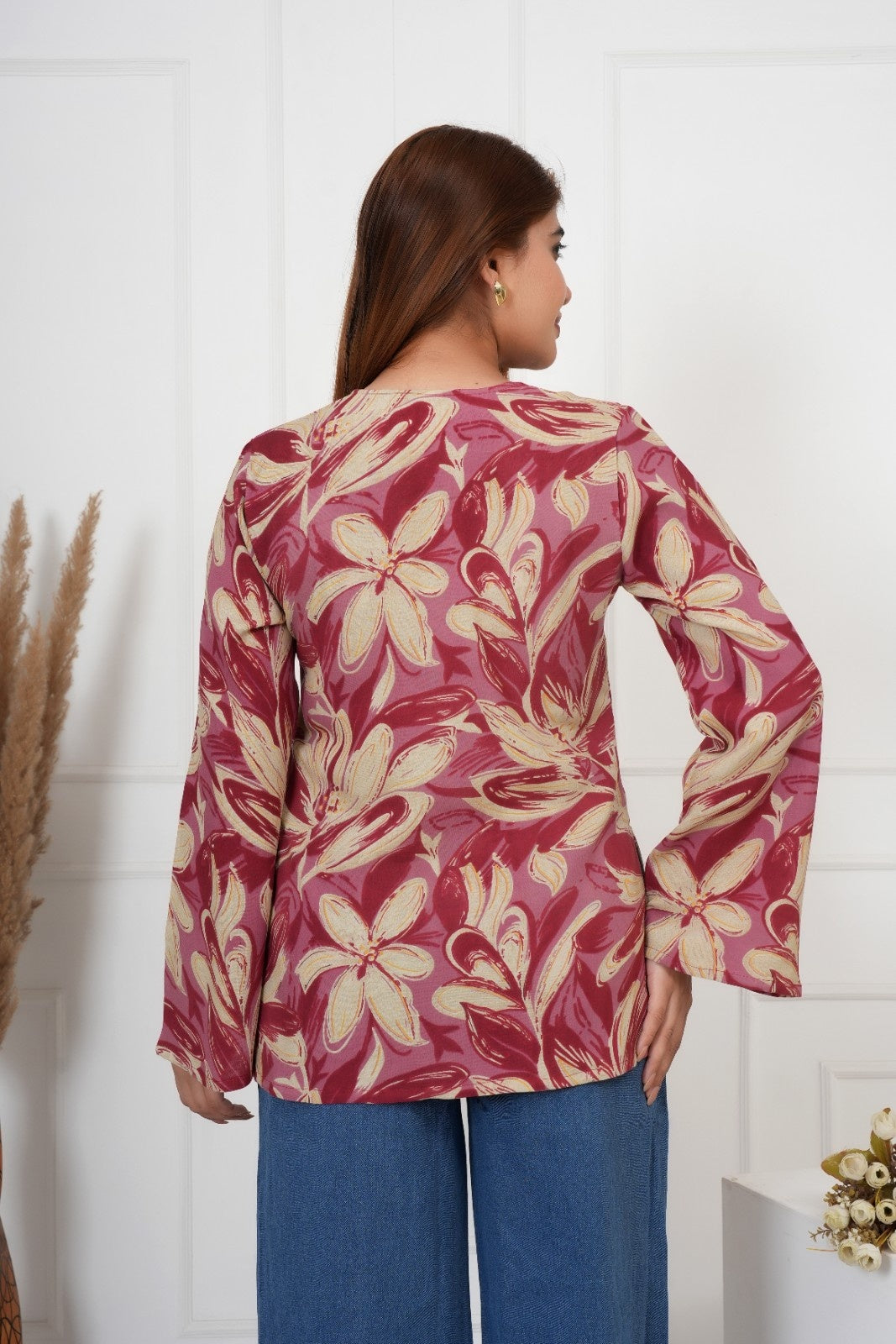 IQRAAR Floral Print Kurti Style RED Tops