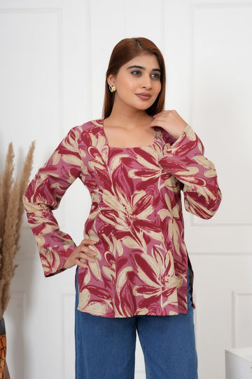 IQRAAR Floral Print Kurti Style RED Tops