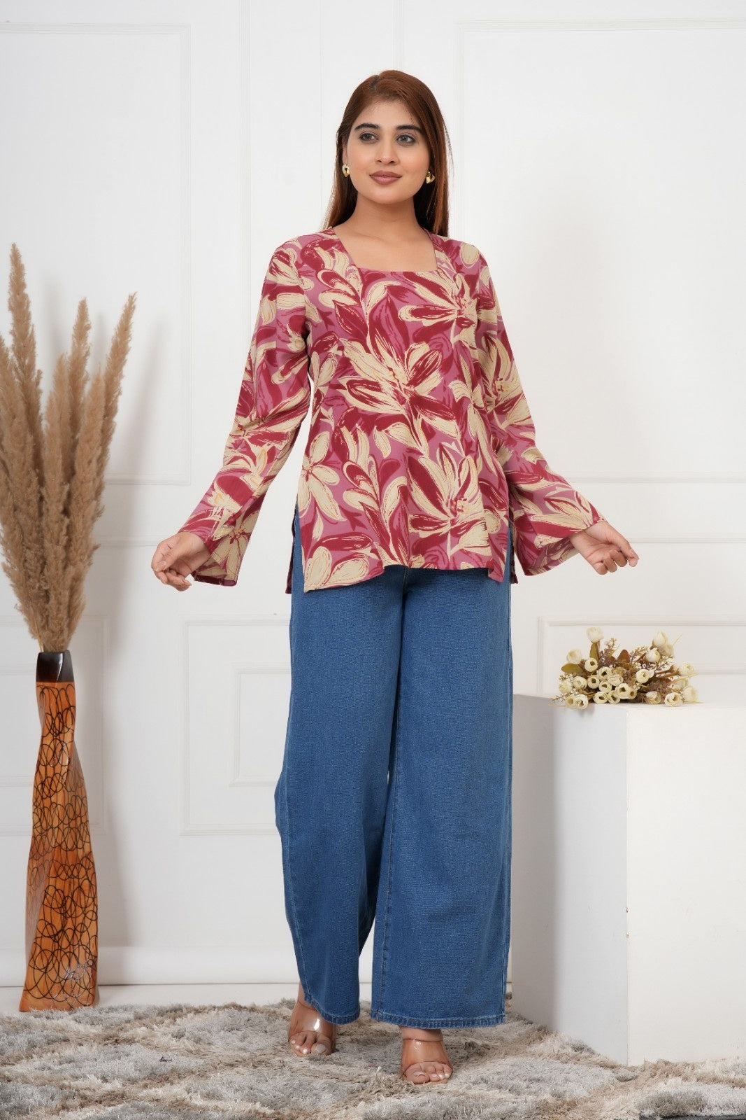 IQRAAR Floral Print Kurti Style RED Tops