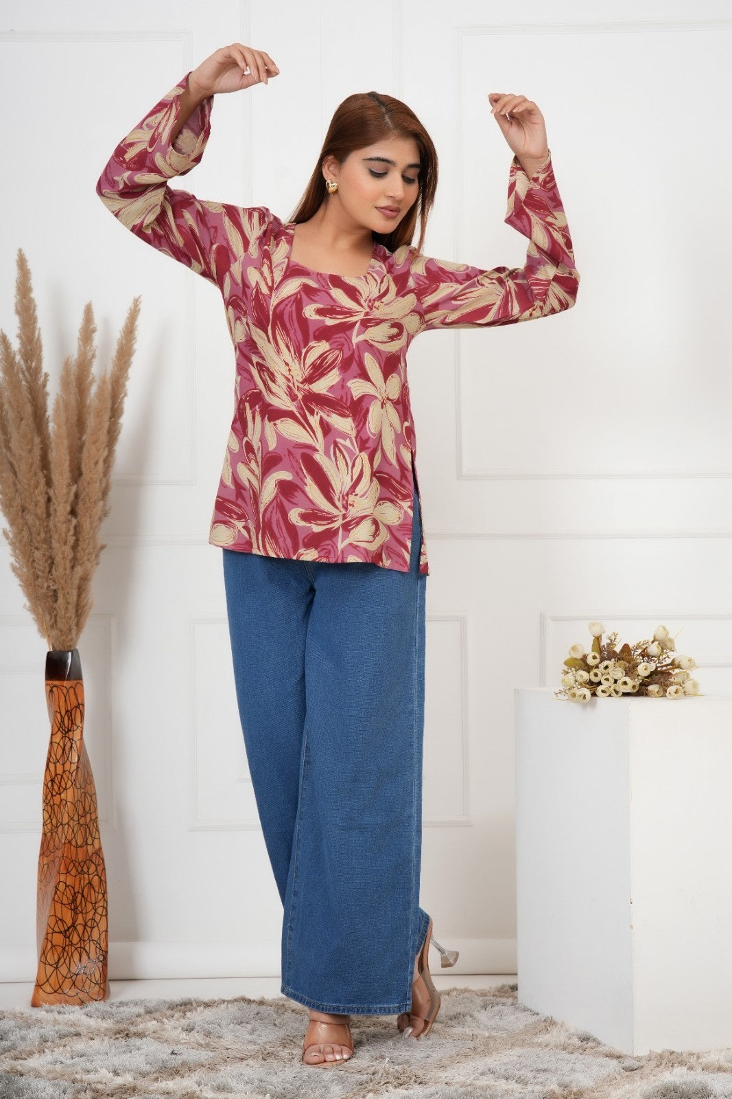 IQRAAR Floral Print Kurti Style RED Tops