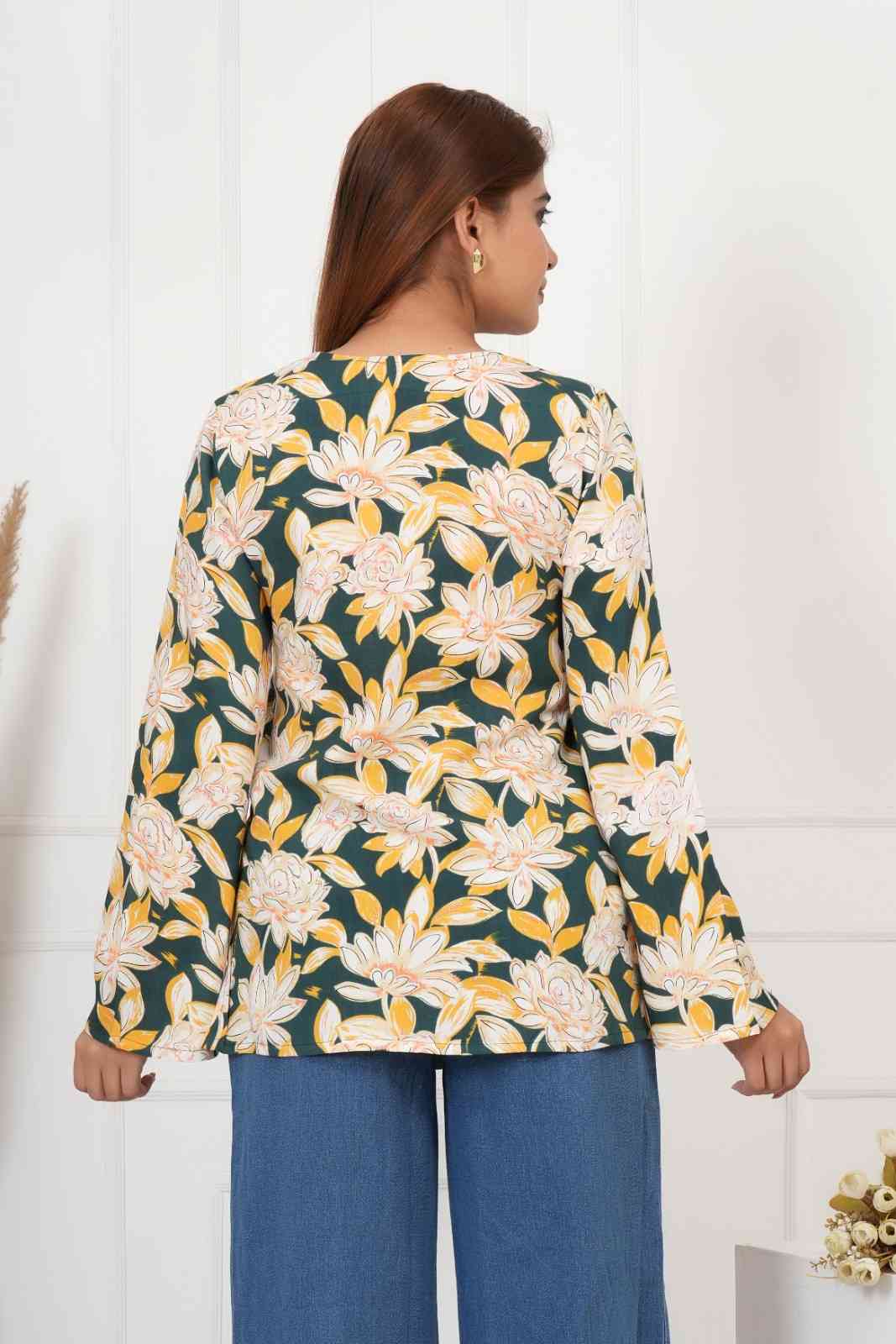 IQRAAR Floral Print Kurti Style GREEN Tops