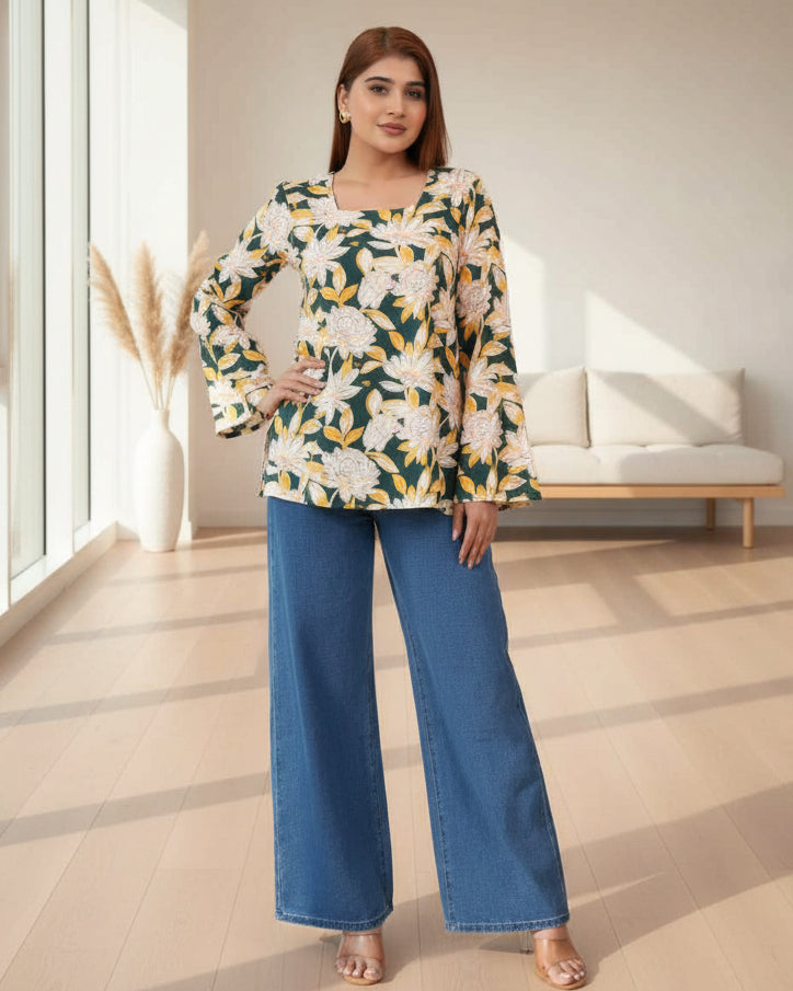 IQRAAR Floral Print Kurti Style GREEN Tops