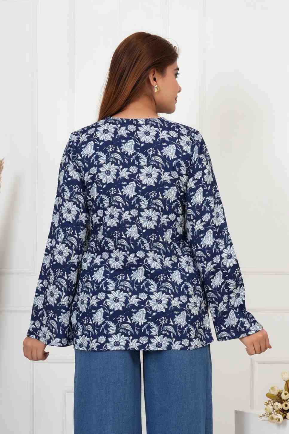 IQRAAR Floral Print Kurti Style BLUE Tops