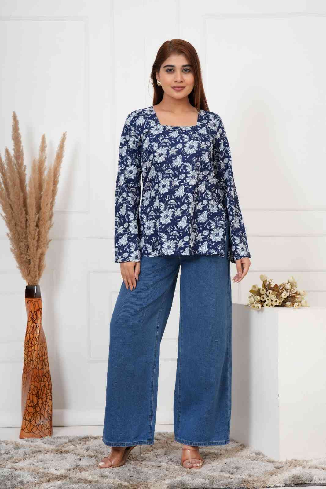 IQRAAR Floral Print Kurti Style BLUE Tops
