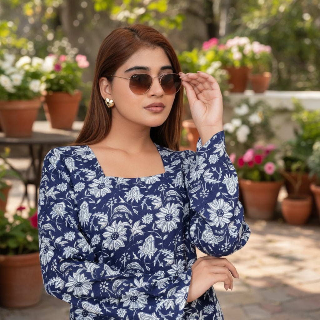 IQRAAR Floral Print Kurti Style BLUE Tops