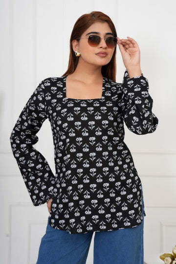 IQRAAR Floral Print Kurti Style BLACK Tops