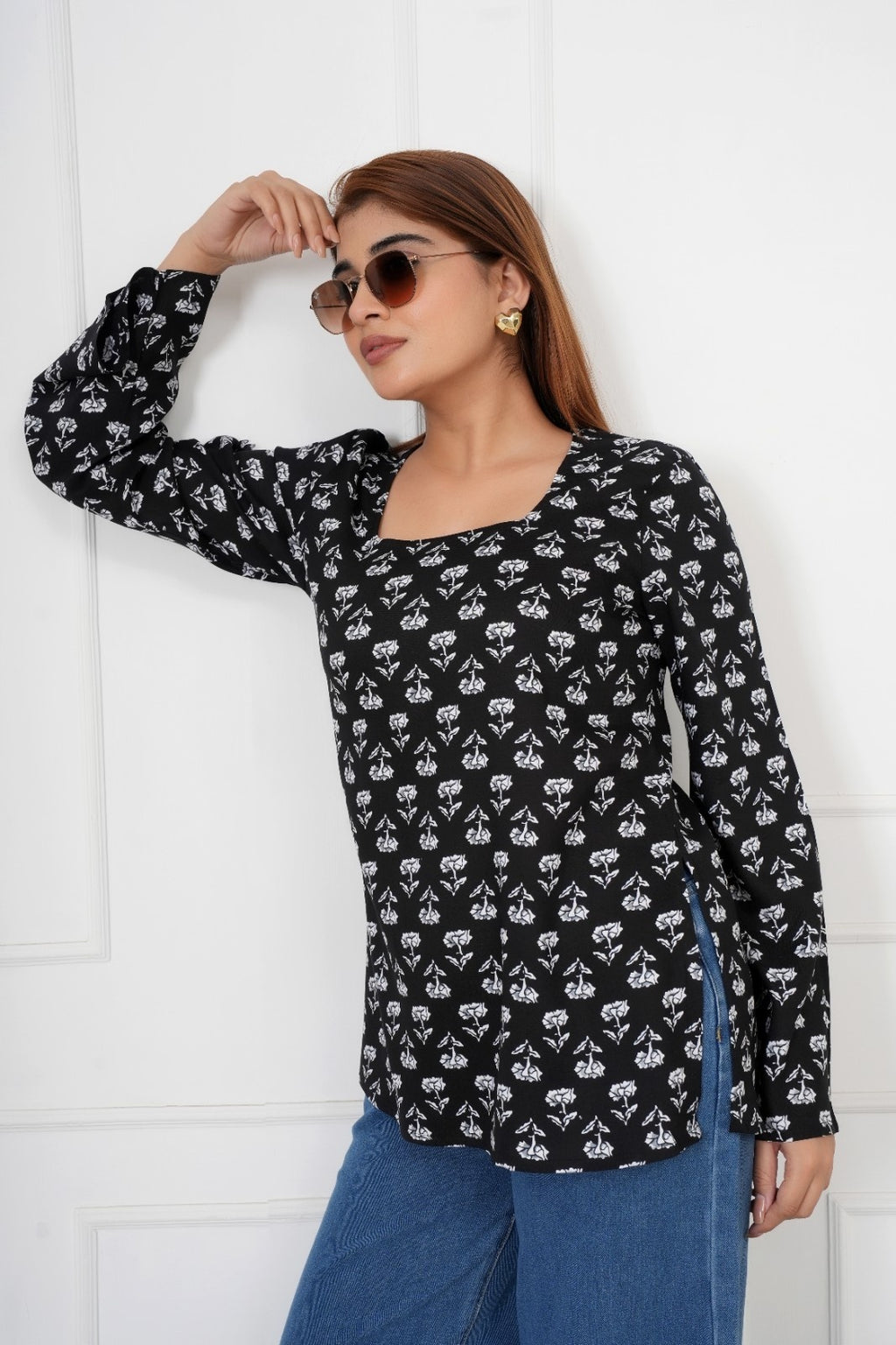 IQRAAR Floral Print Kurti Style BLACK Tops