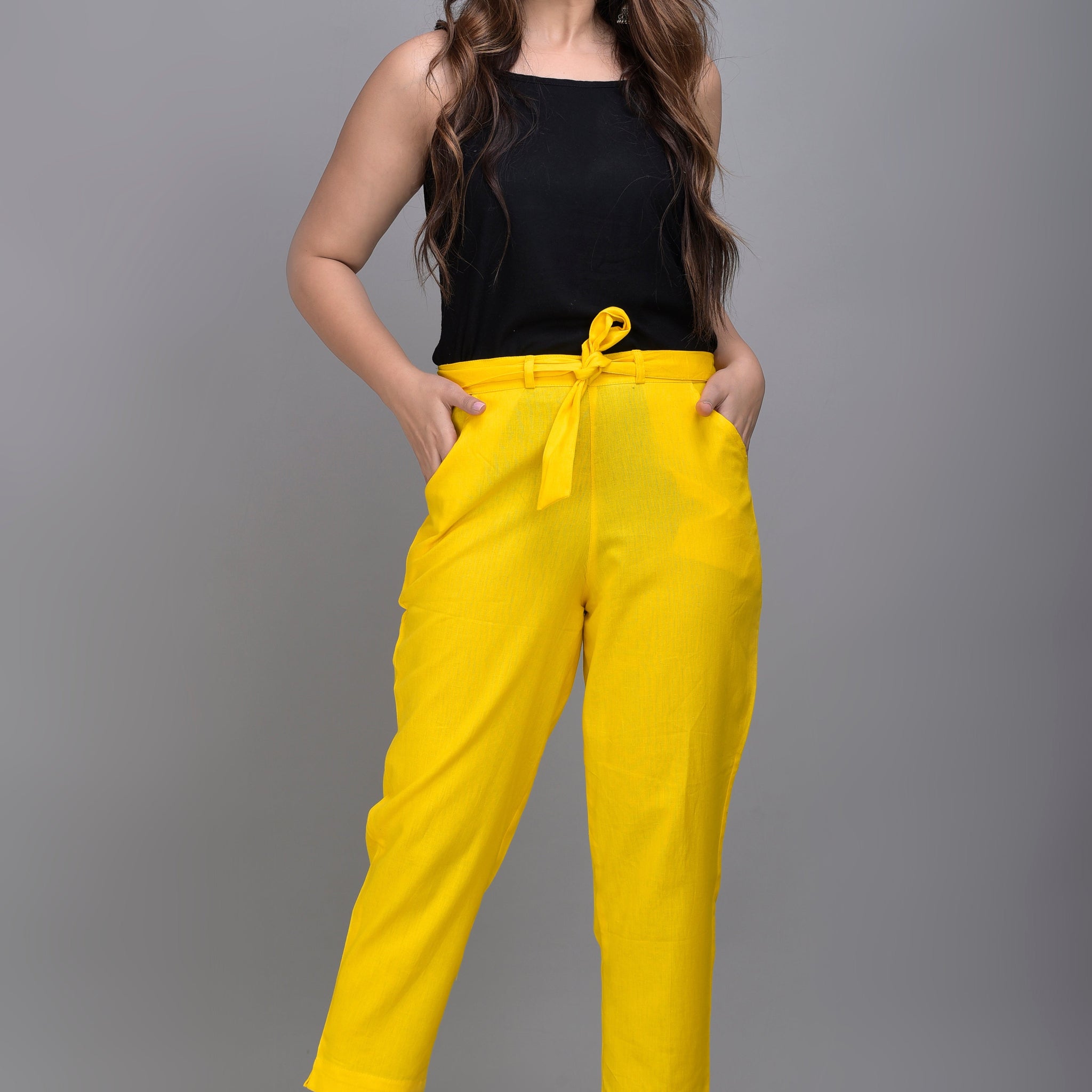 Women Regular Fit yellow Cotton Blend Trousers
