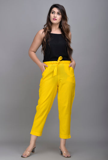 Women Regular Fit yellow Cotton Blend Trousers