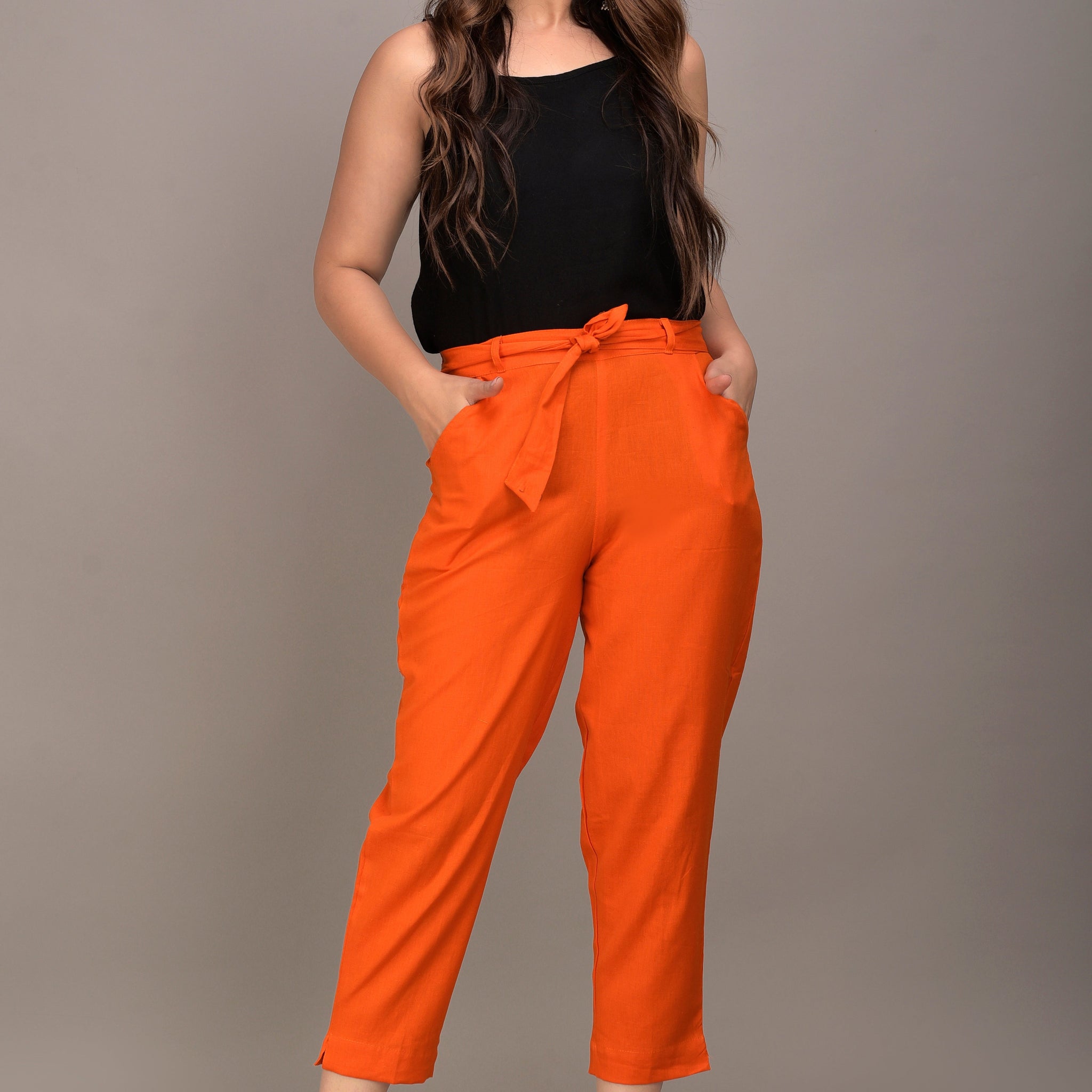 Women Regular Fit orange Cotton Blend Trousers