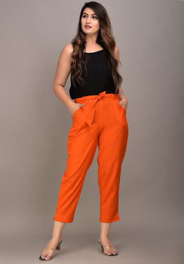Women Regular Fit orange Cotton Blend Trousers