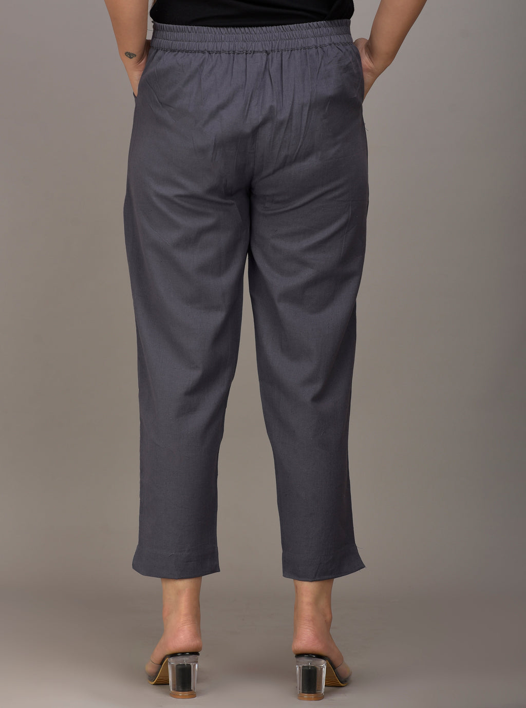 Women Regular Fit Grey Cotton Blend Trousers
