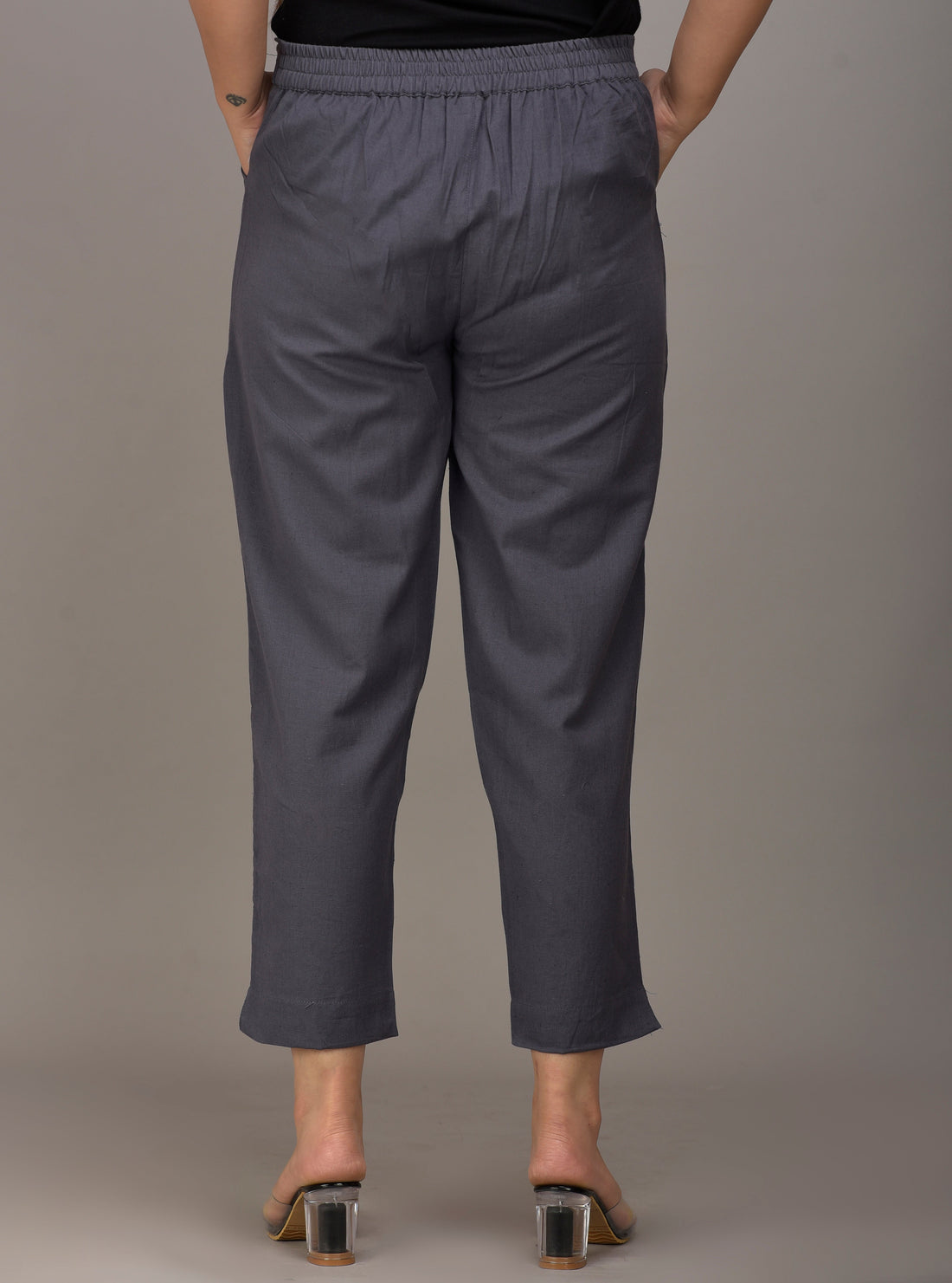 Women Regular Fit Grey Cotton Blend Trousers