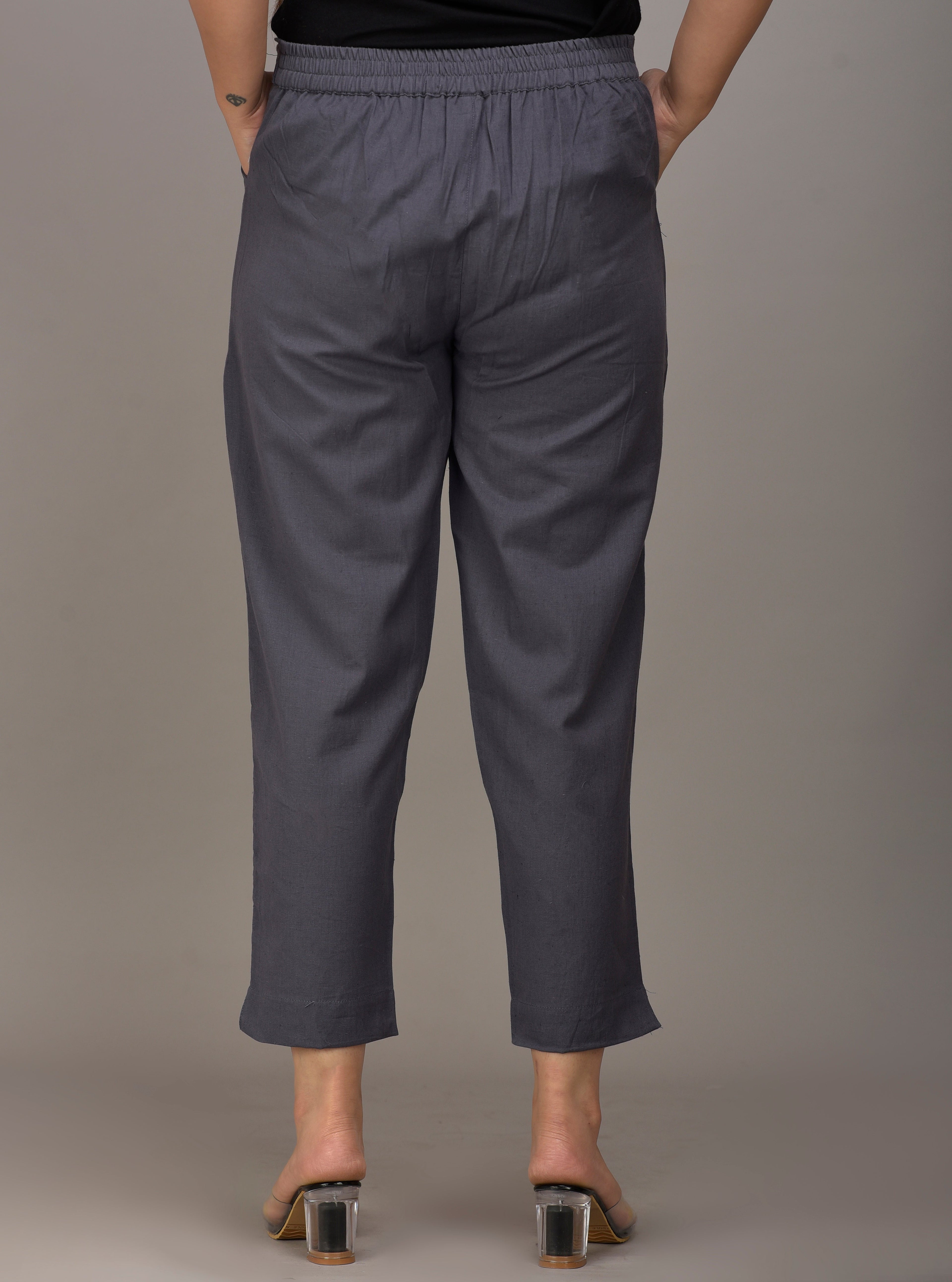 Women Regular Fit Grey Cotton Blend Trousers