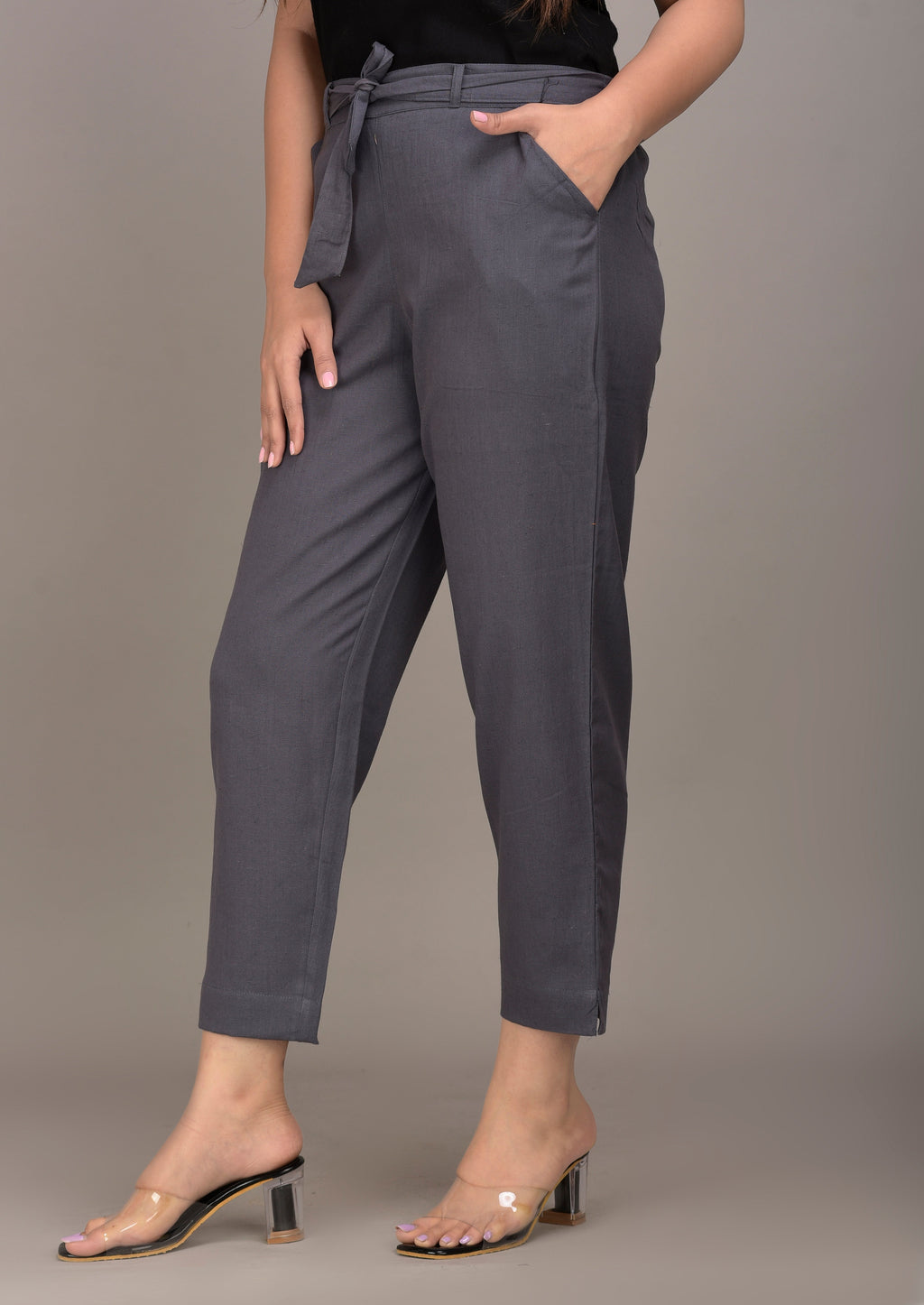Women Regular Fit Grey Cotton Blend Trousers