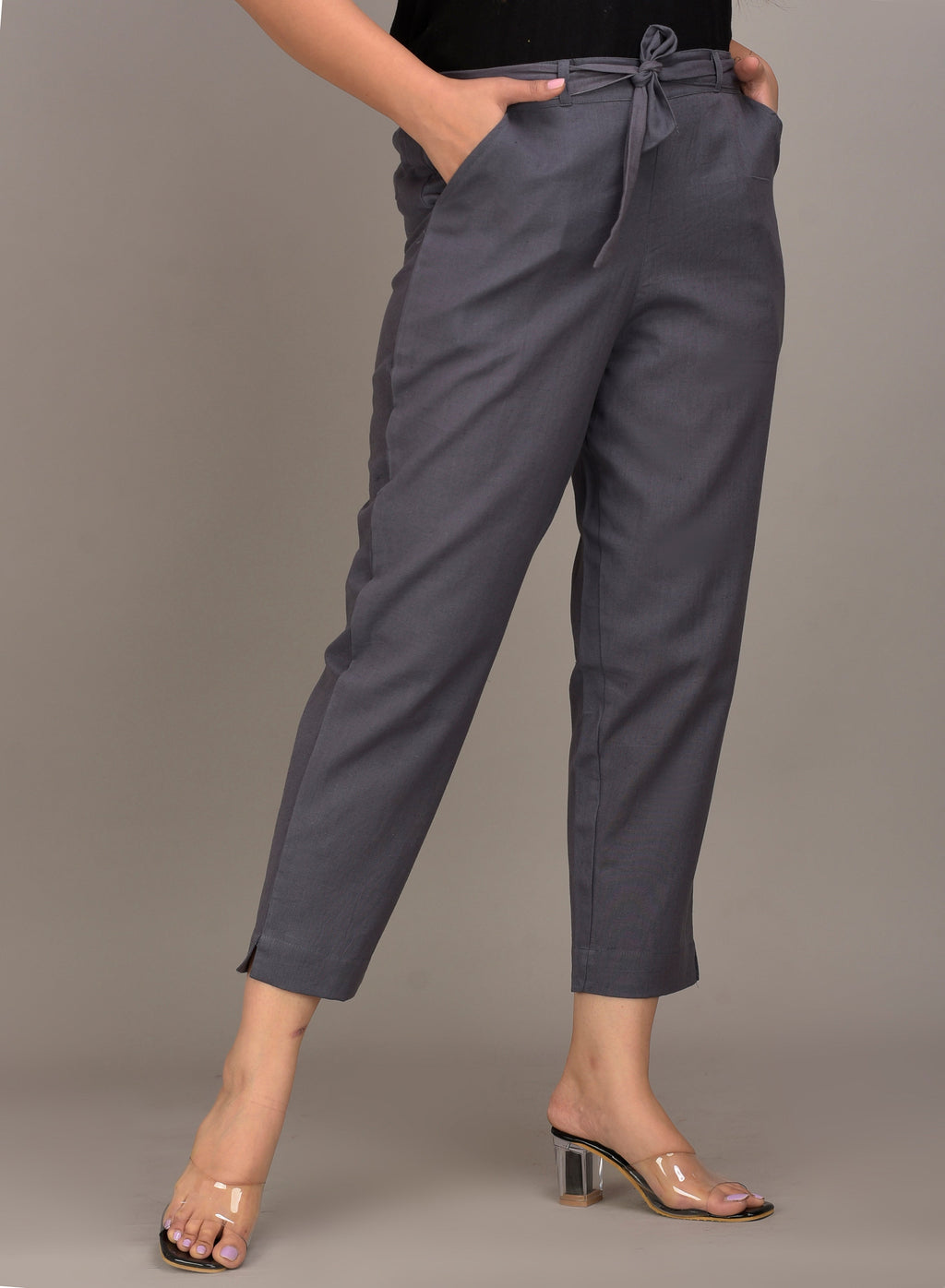 Women Regular Fit Grey Cotton Blend Trousers