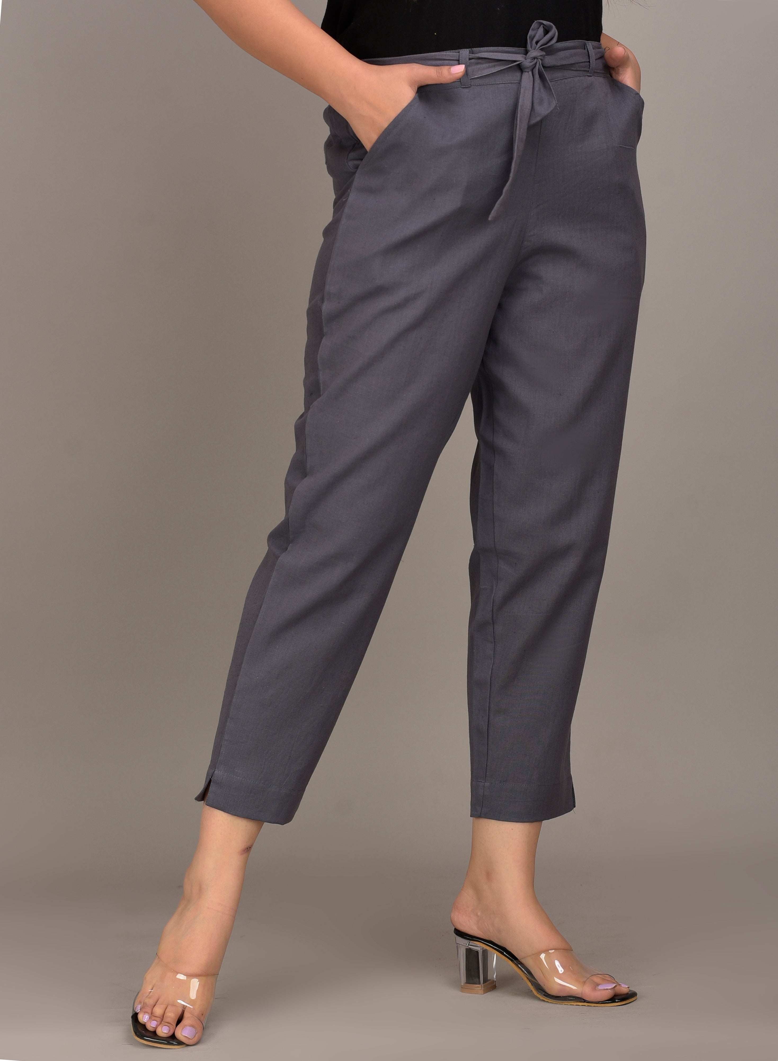 Women Regular Fit Grey Cotton Blend Trousers