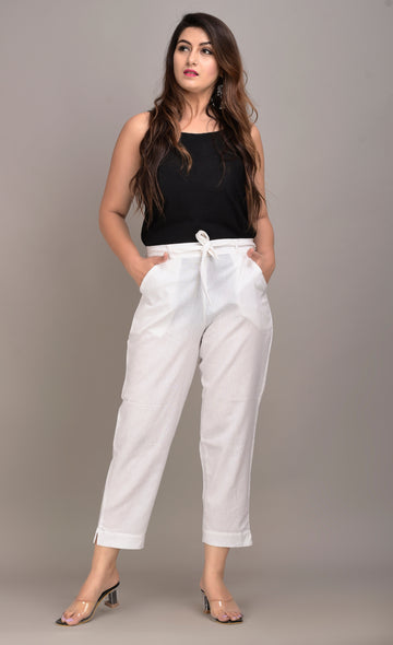 Women Regular Fit white Cotton Blend Trousers