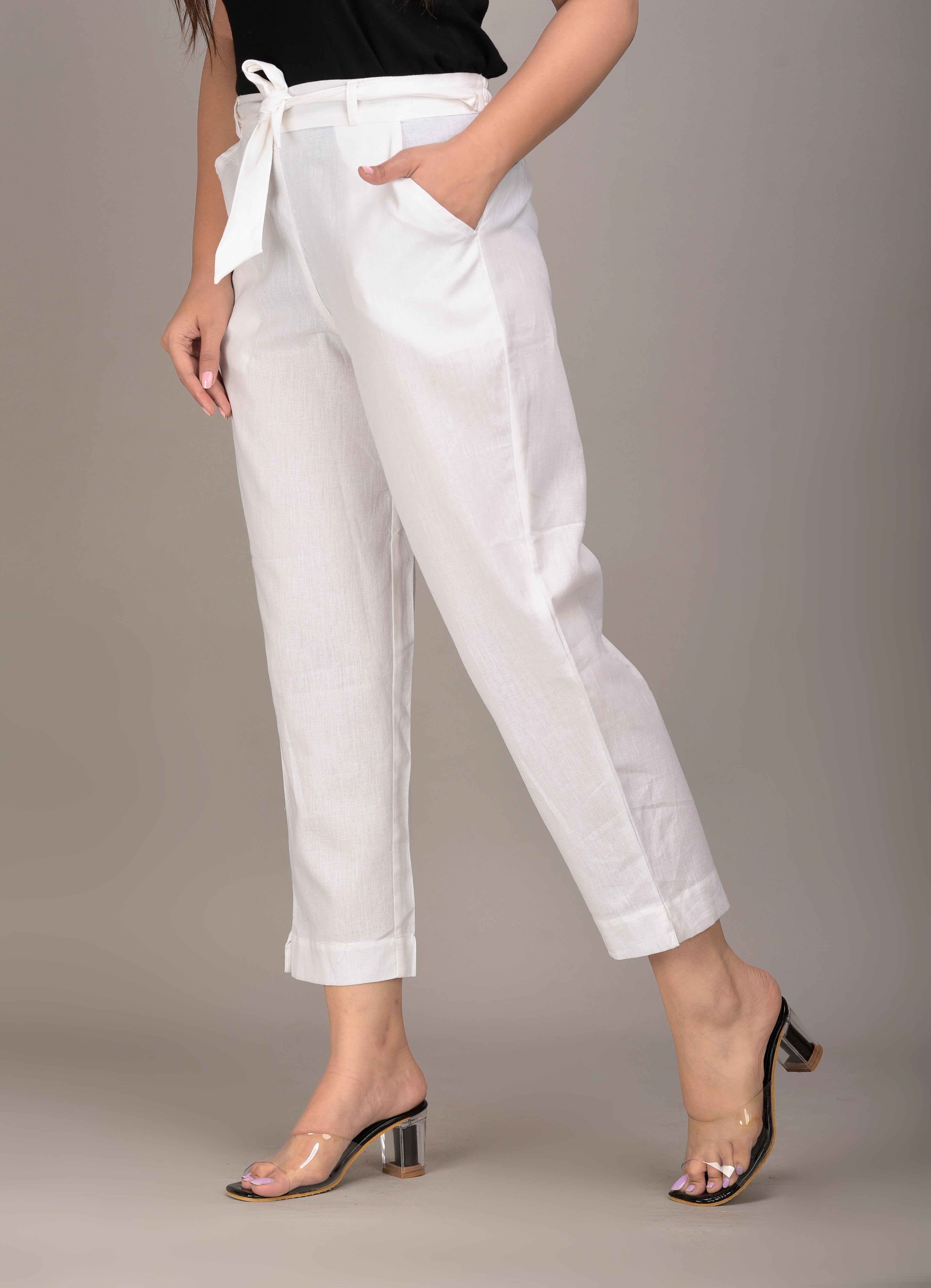 Women Regular Fit white Cotton Blend Trousers