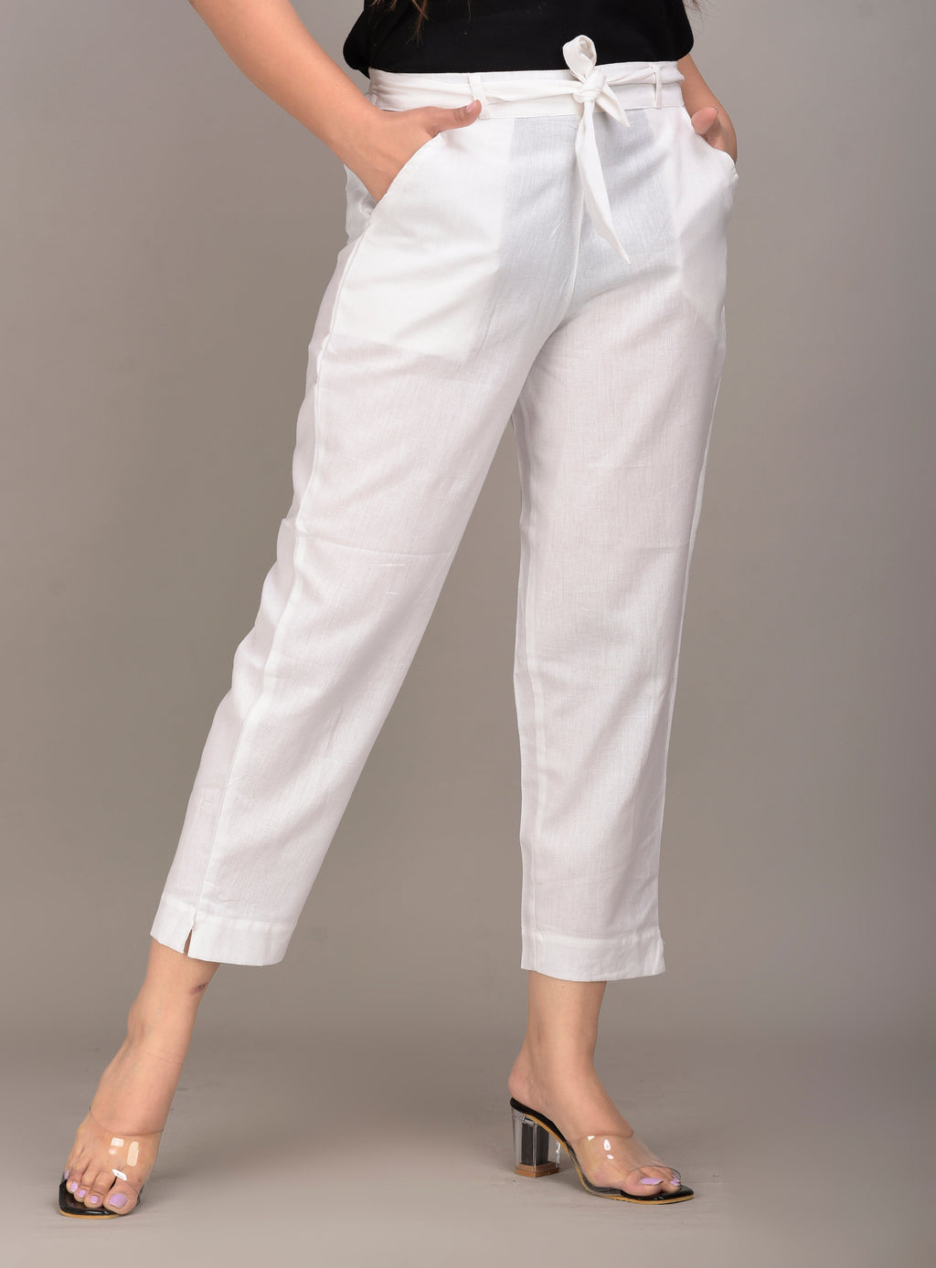 Women Regular Fit white Cotton Blend Trousers