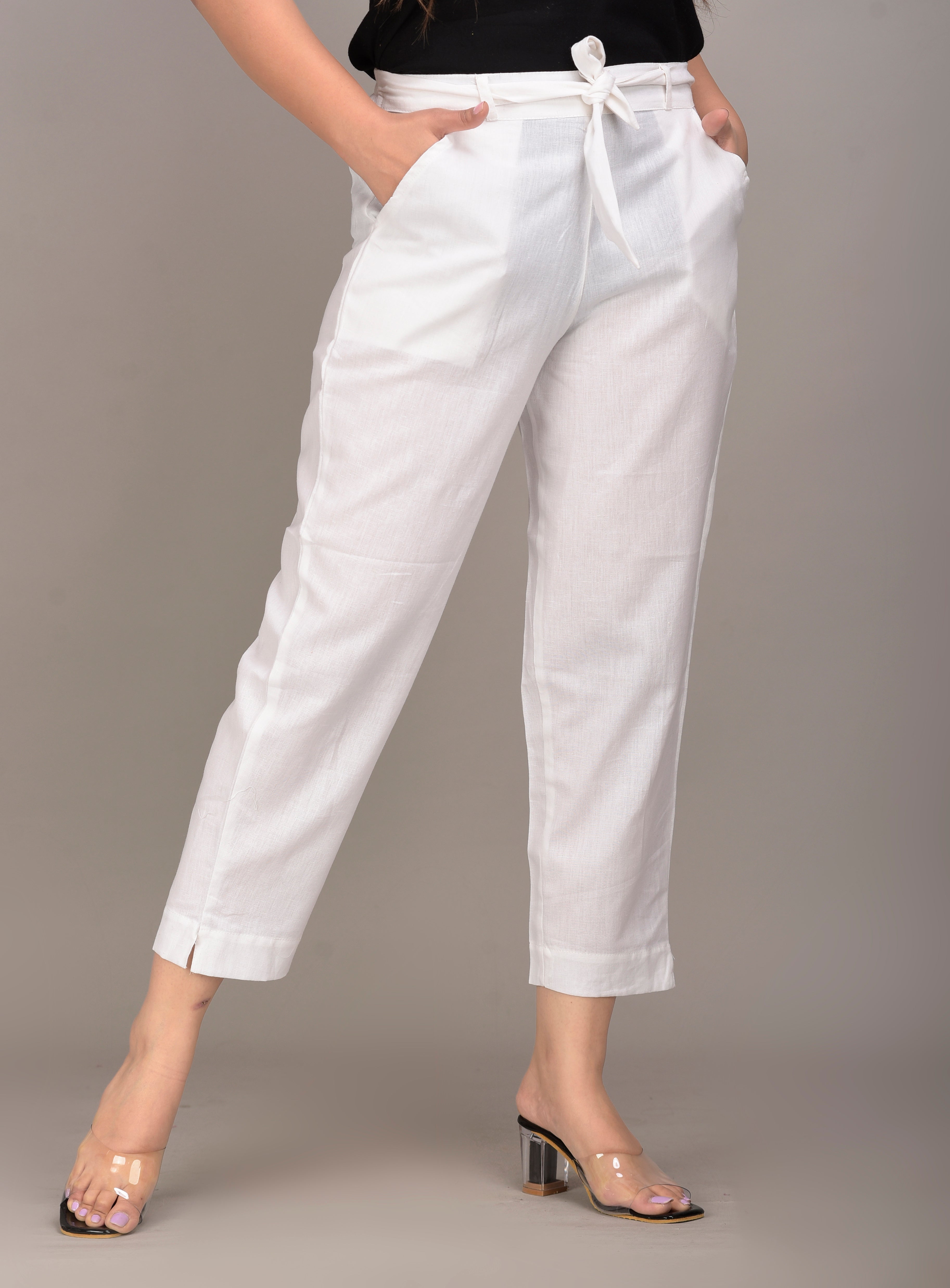 Women Regular Fit white Cotton Blend Trousers