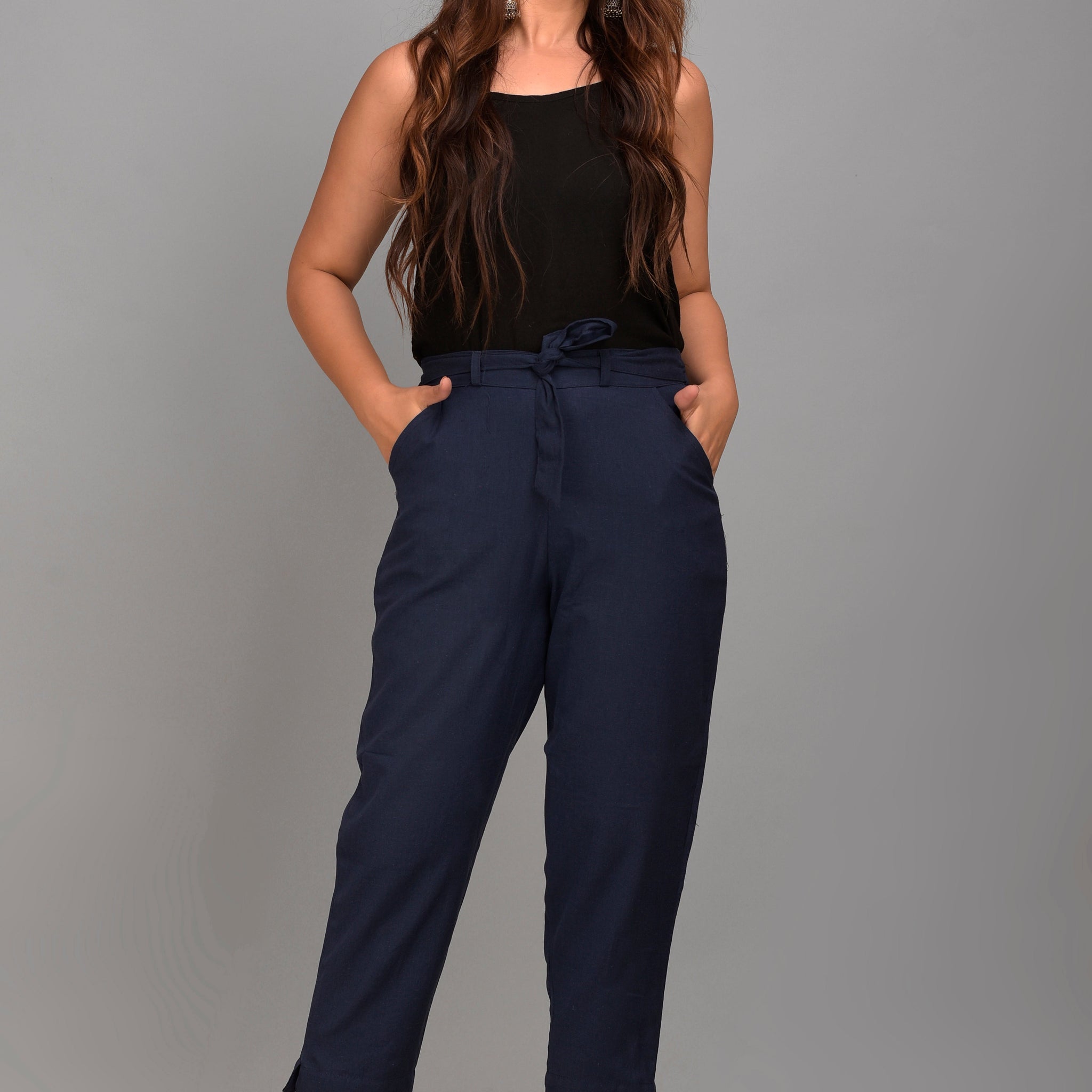 Women Regular Fit N BLUE Cotton Blend Trousers