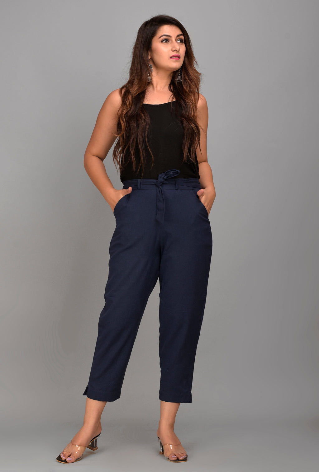 Women Regular Fit N BLUE Cotton Blend Trousers