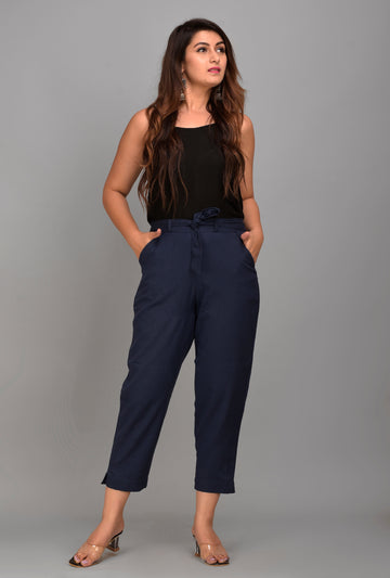 Women Regular Fit N BLUE Cotton Blend Trousers