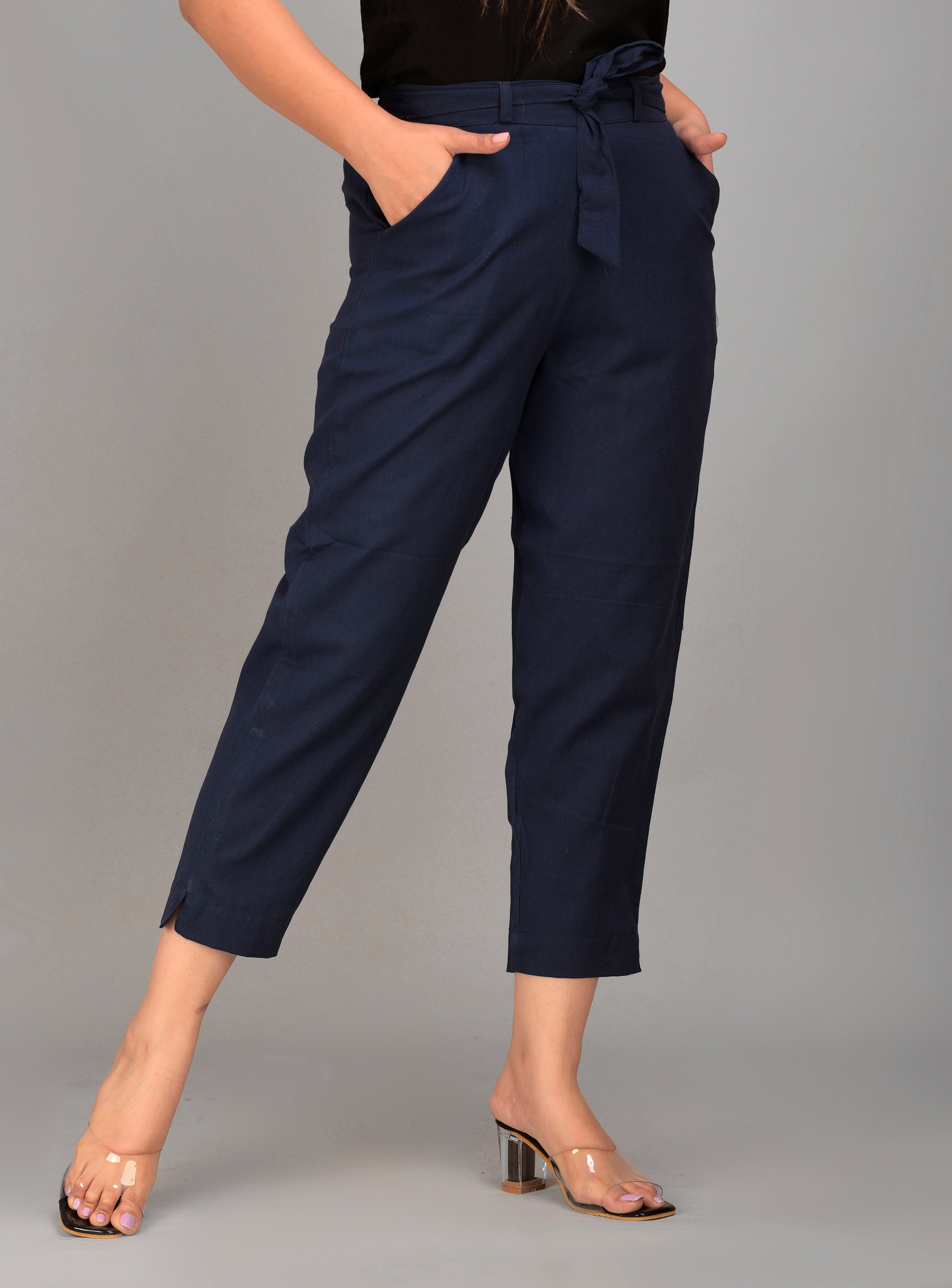 Women Regular Fit N BLUE Cotton Blend Trousers