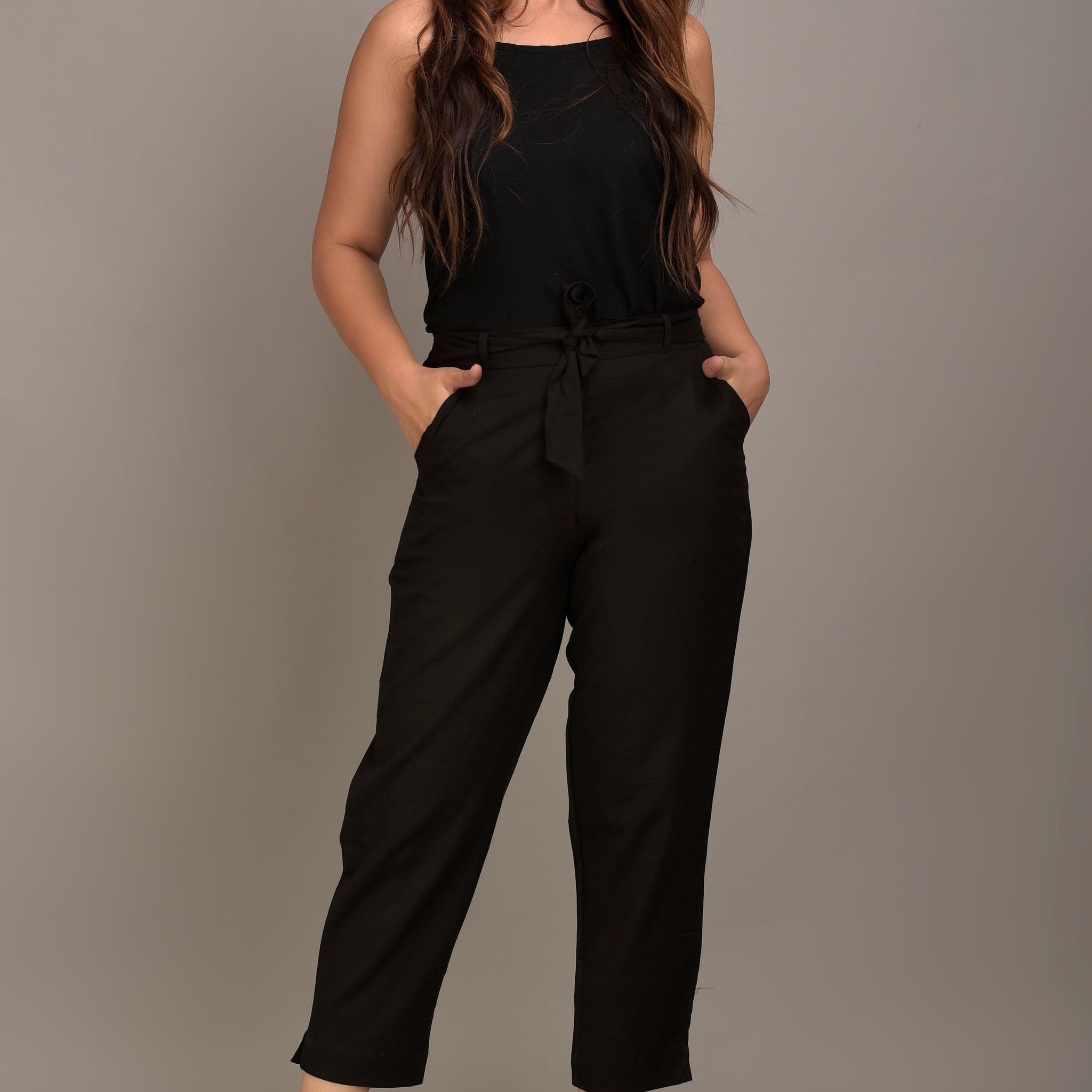 Women Regular Fit Black Cotton Blend Trousers