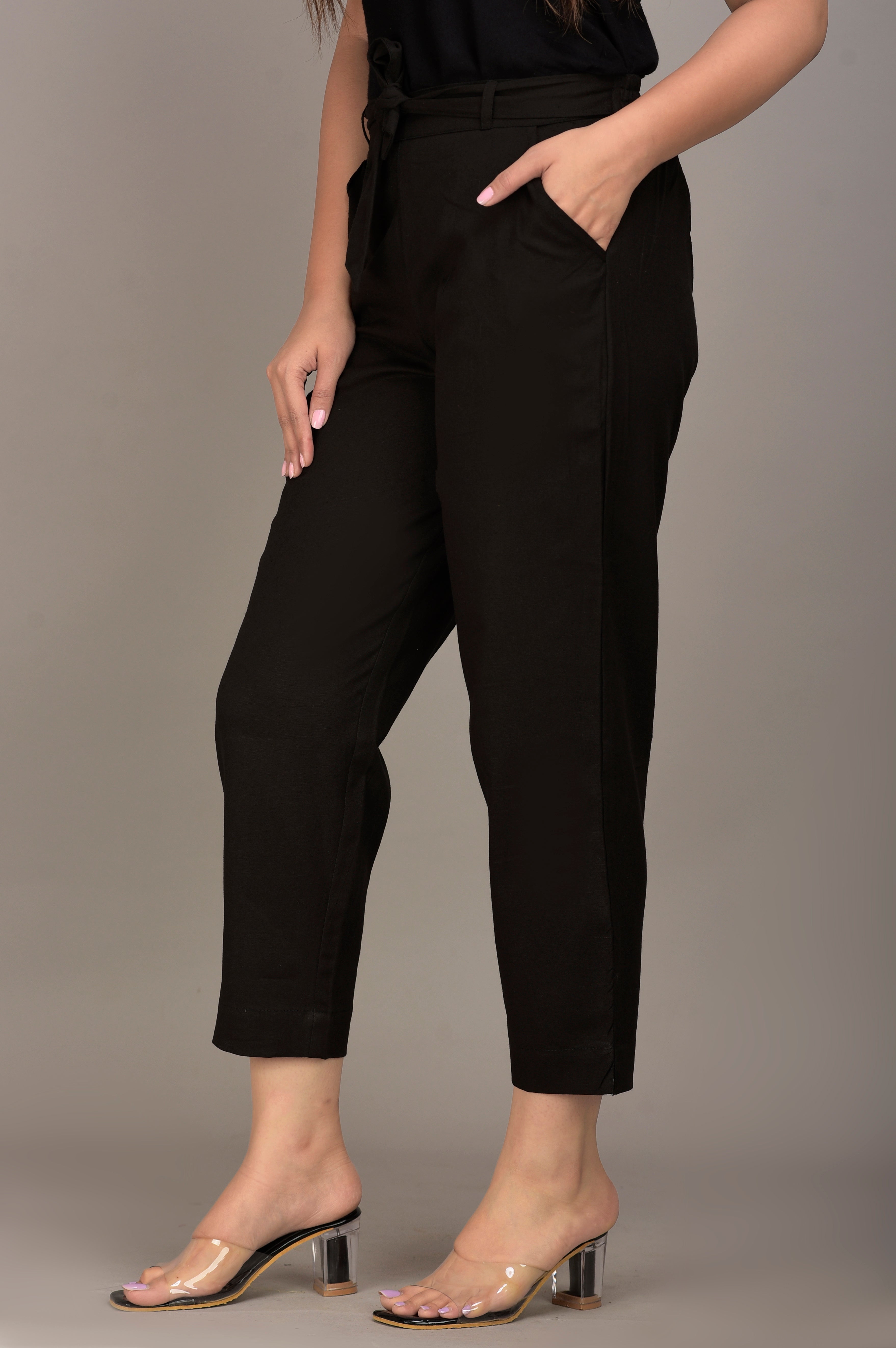 Women Regular Fit Black Cotton Blend Trousers