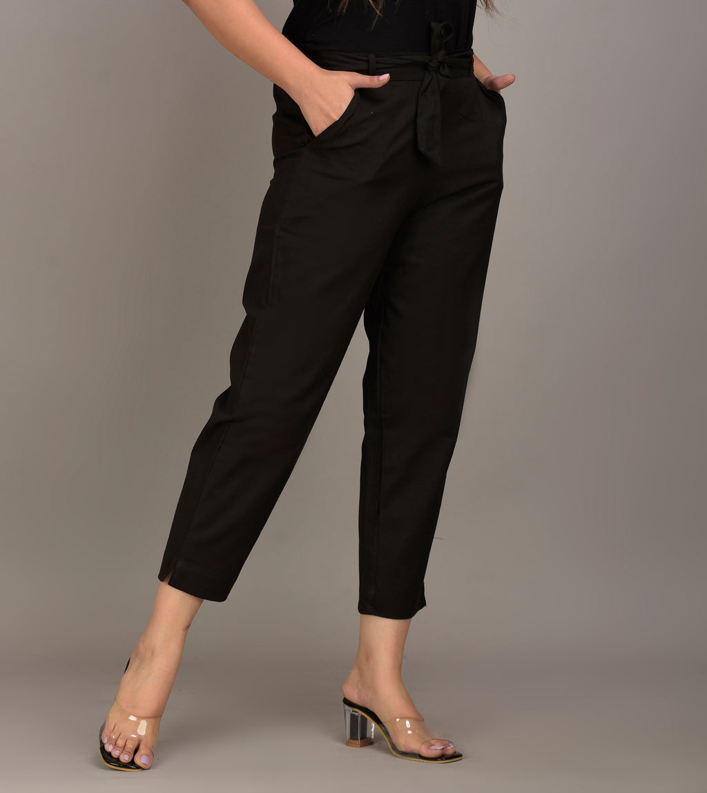 Women Regular Fit Black Cotton Blend Trousers